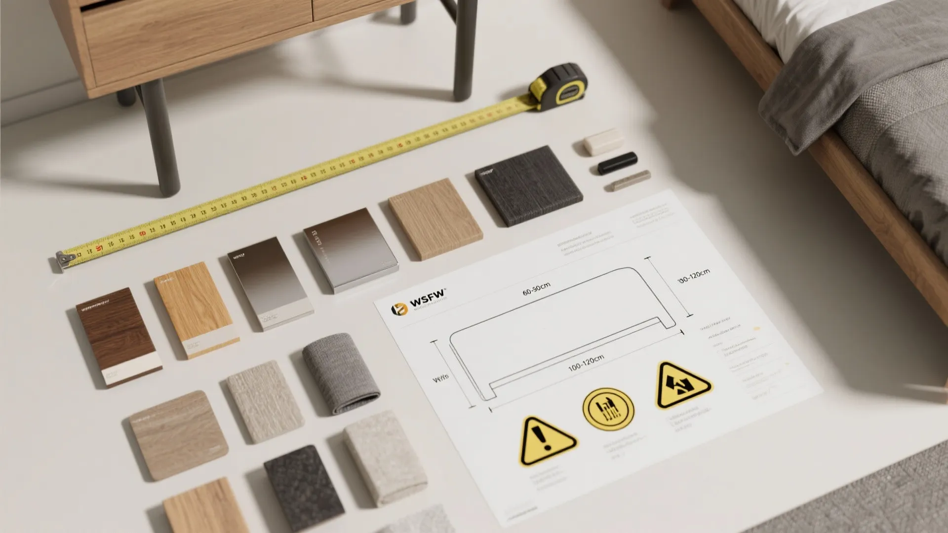 Furniture design drawing with yellow measuring tape wood samples and fabric swatches on white floor