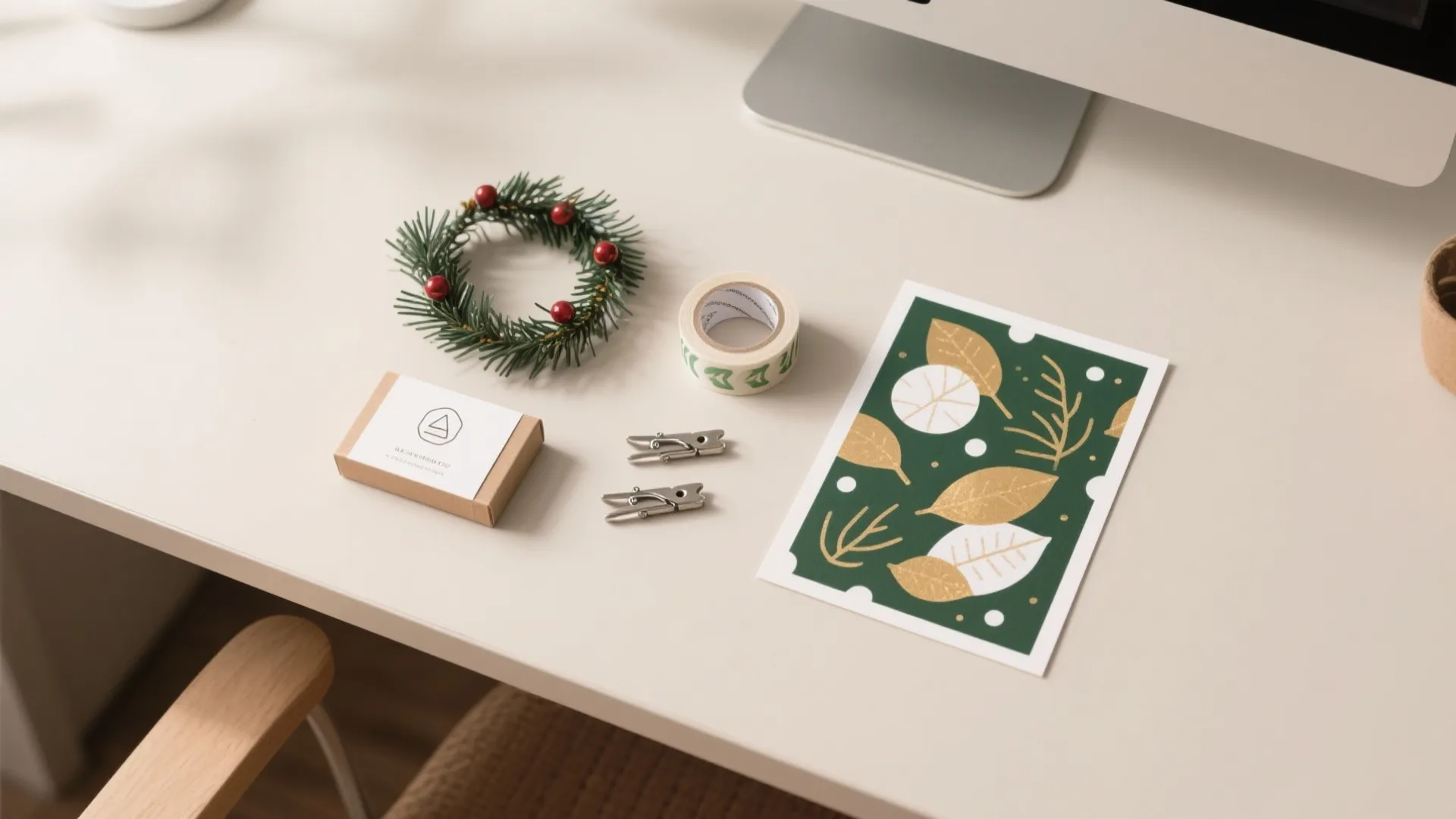 Minimalist white desk with green leaf postcard small wreath paper clips tape and cardboard box