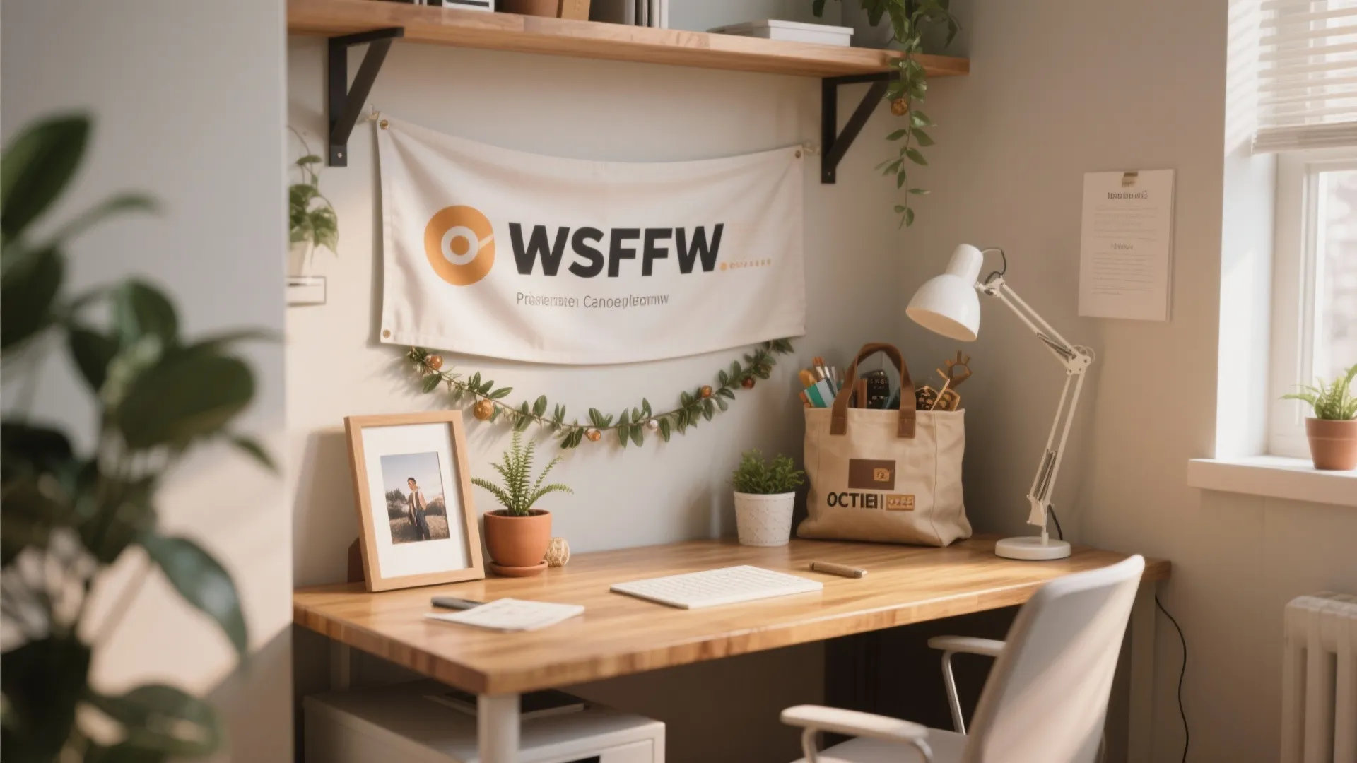 Wooden office desk with white table lamp and branded banner hanging on the white wall