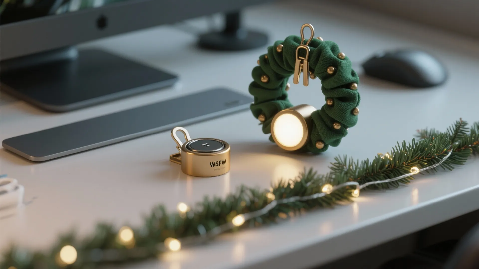 Small green wreath with light and gold gadget on white desk with a pine branch