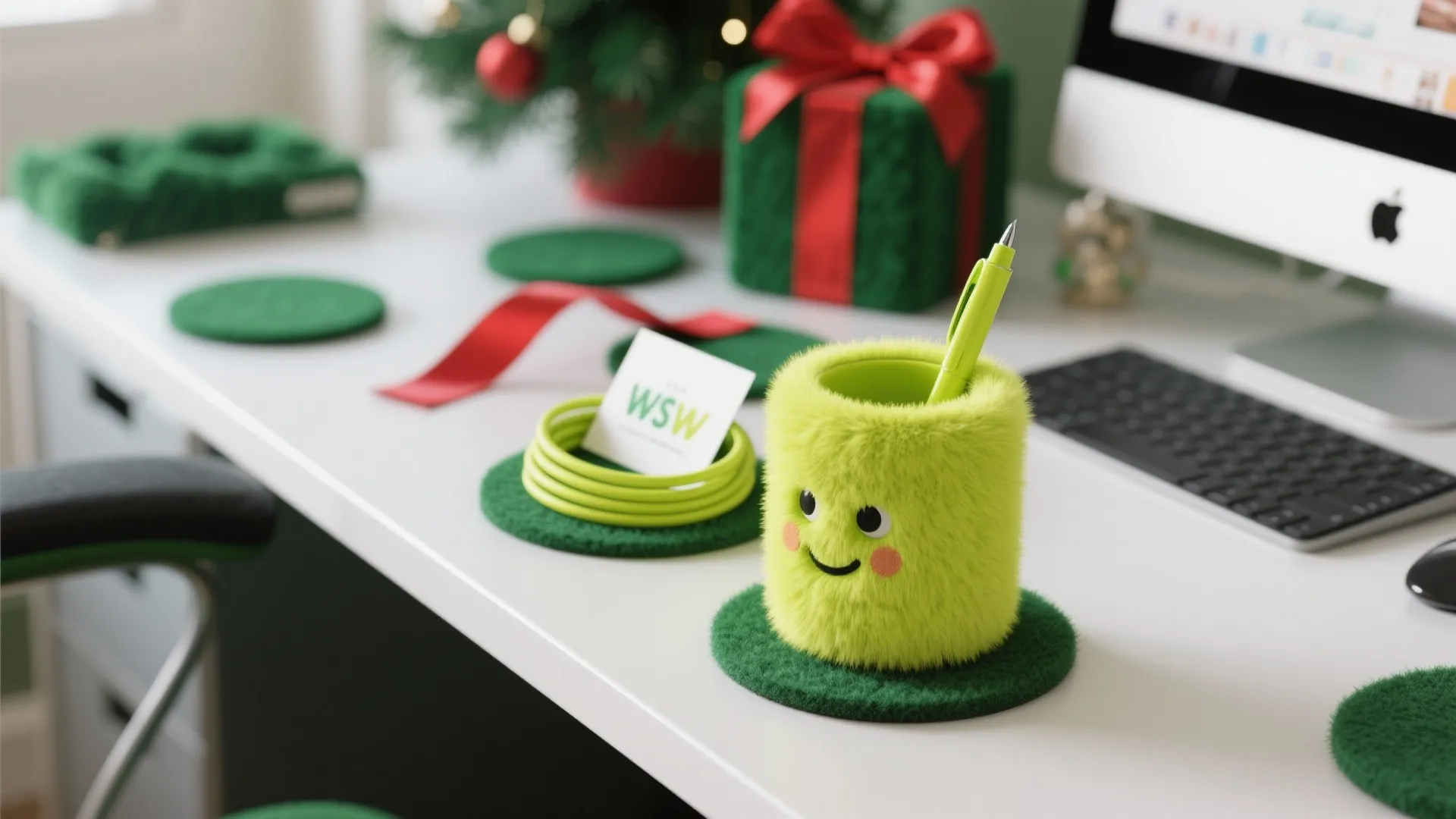 Green furry pen holder and holiday decorations on white desk next to computer and keyboard