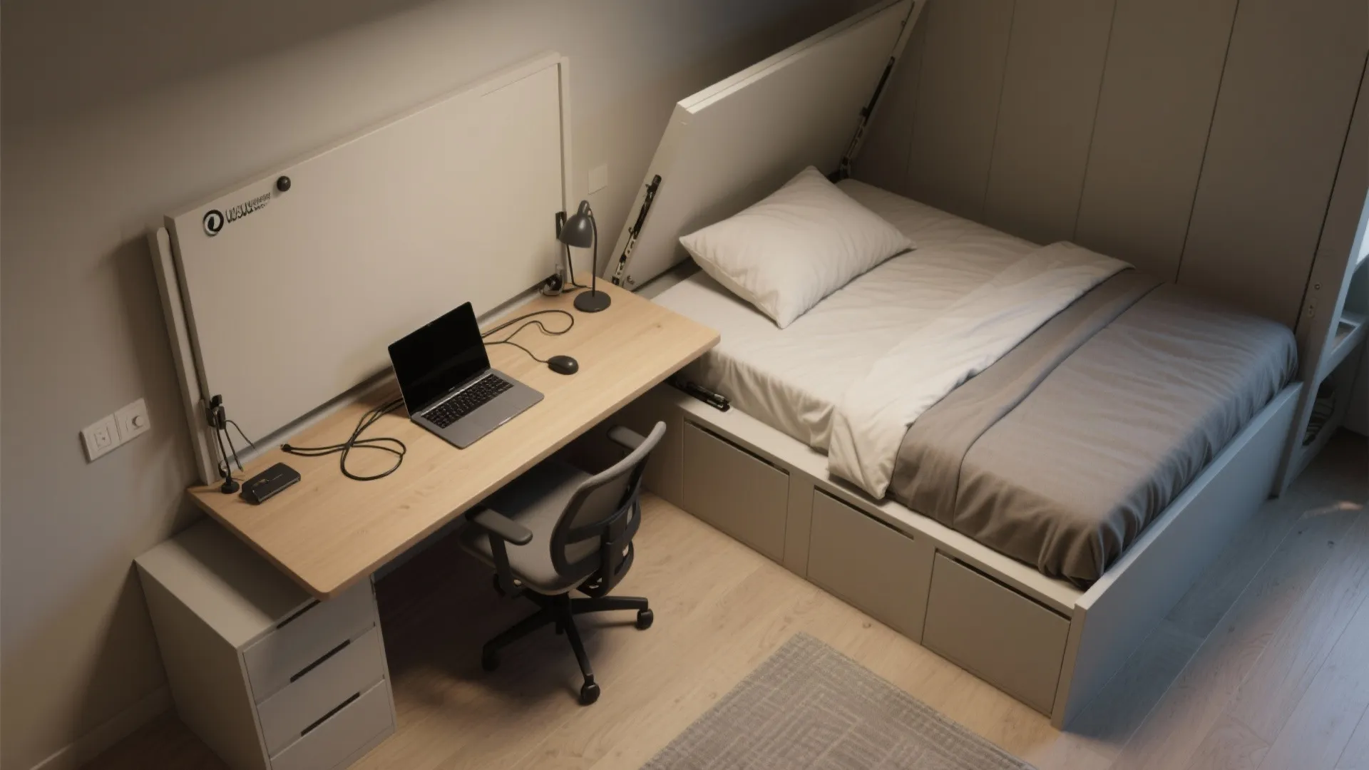 Small bedroom featuring a folding bed next to a wooden desk with a laptop and chair