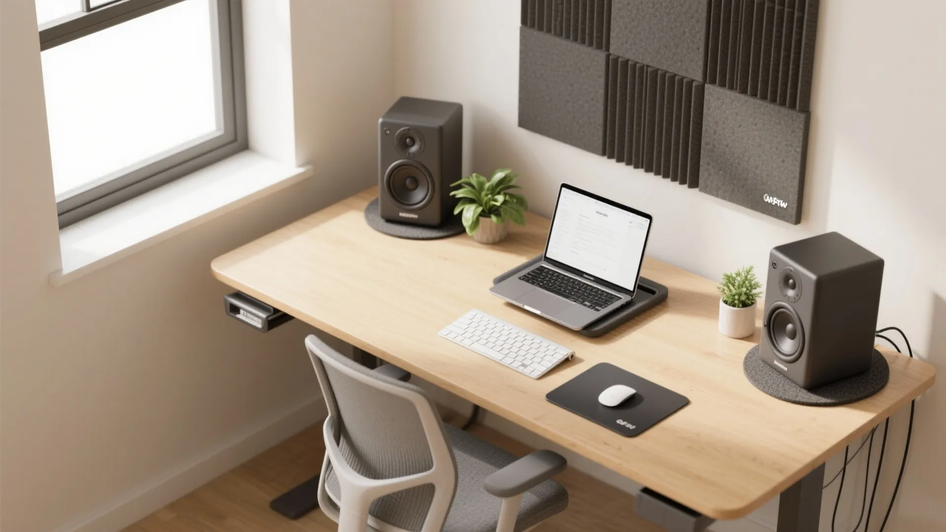 Top-down view of a minimal desk with compact nearfield monitors on isolation pads and a tidy workspace.