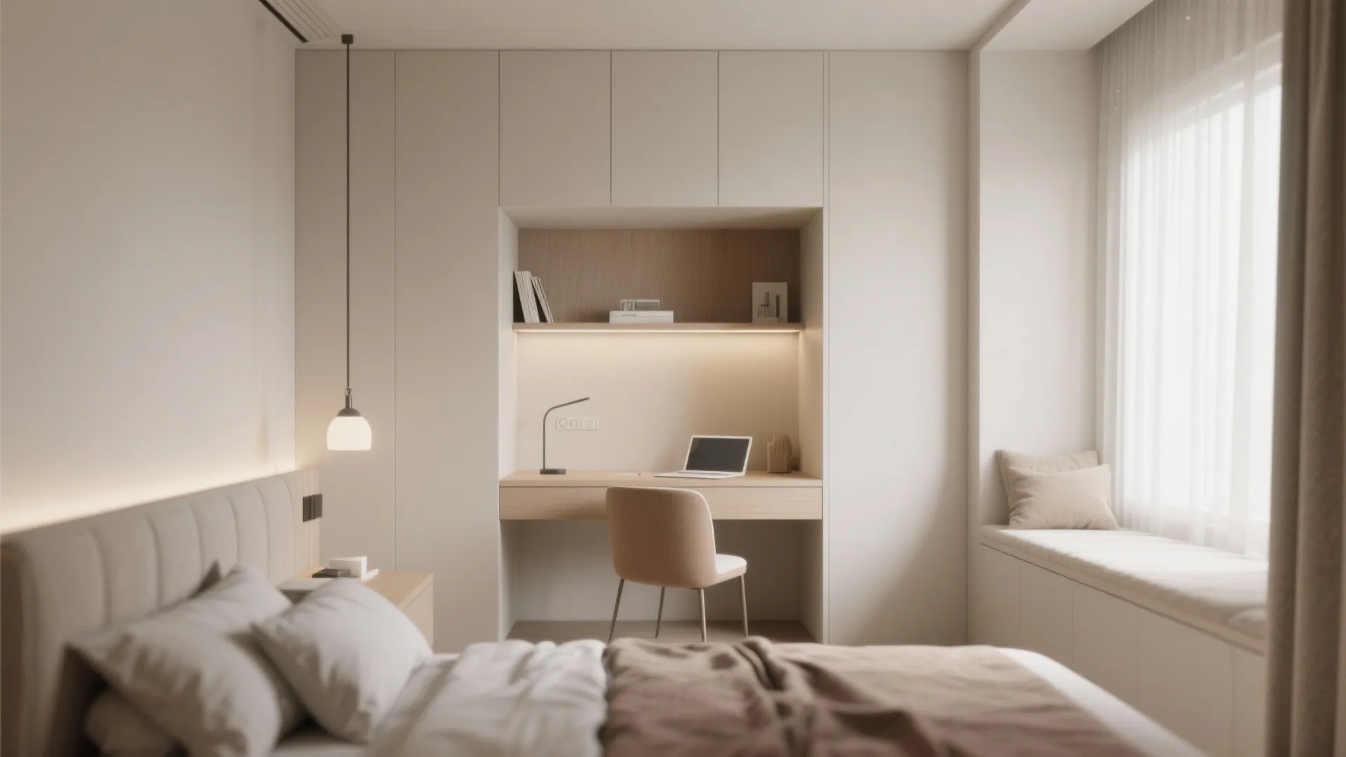 Bedroom study space with built in desk chair laptop lamp white cabinets and a window seat