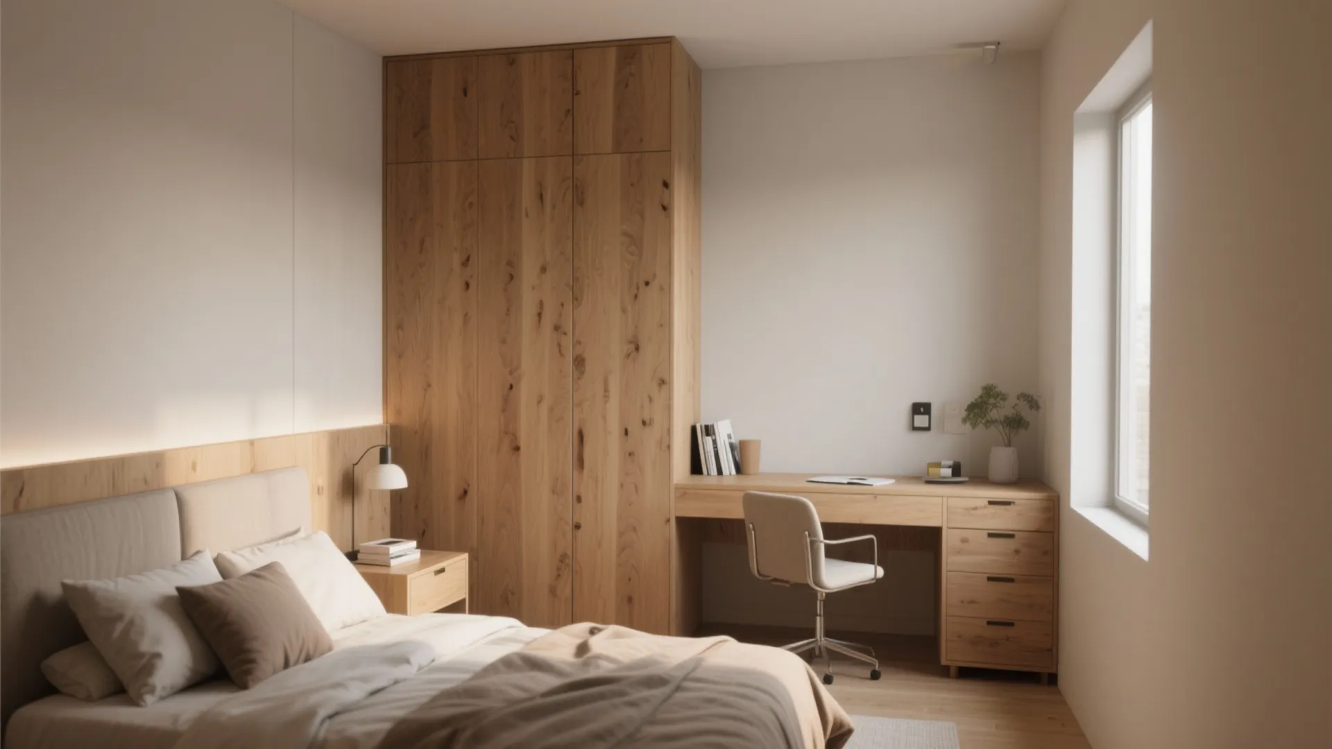 Contemporary bedroom with wooden cabinet and integrated desk setup next to a comfortable double bed
