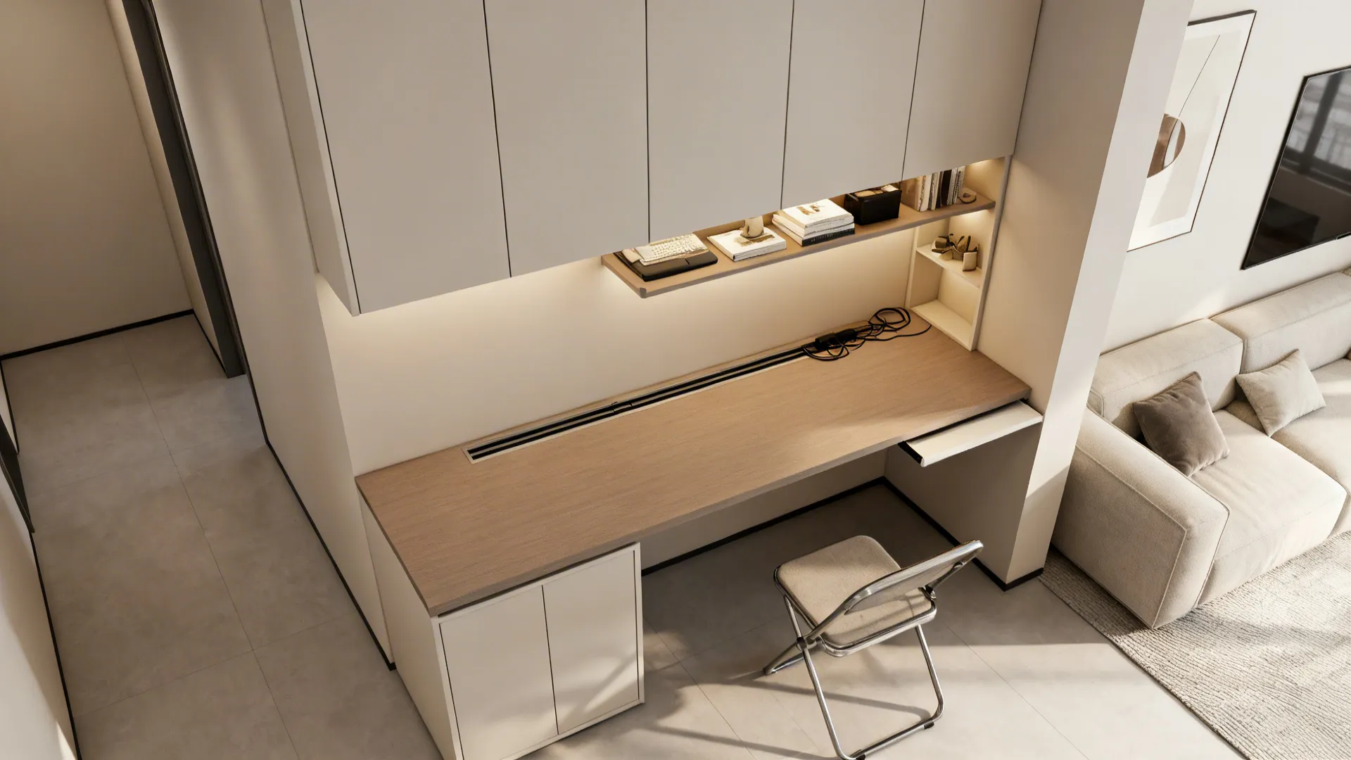 Modern home office nook with white wall cabinets wooden desk metal chair and living room