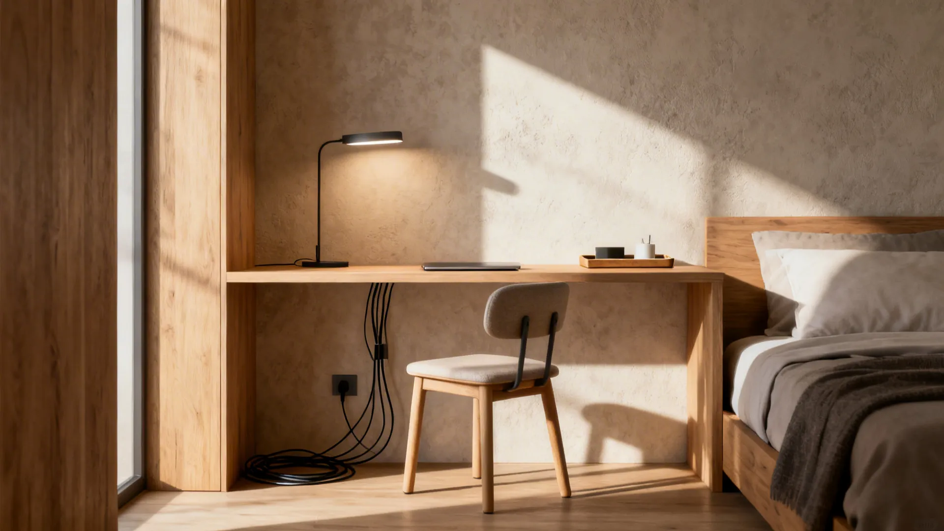 Minimal desk nook in a master bedroom with a small chair and task lamp, tidy and functional.