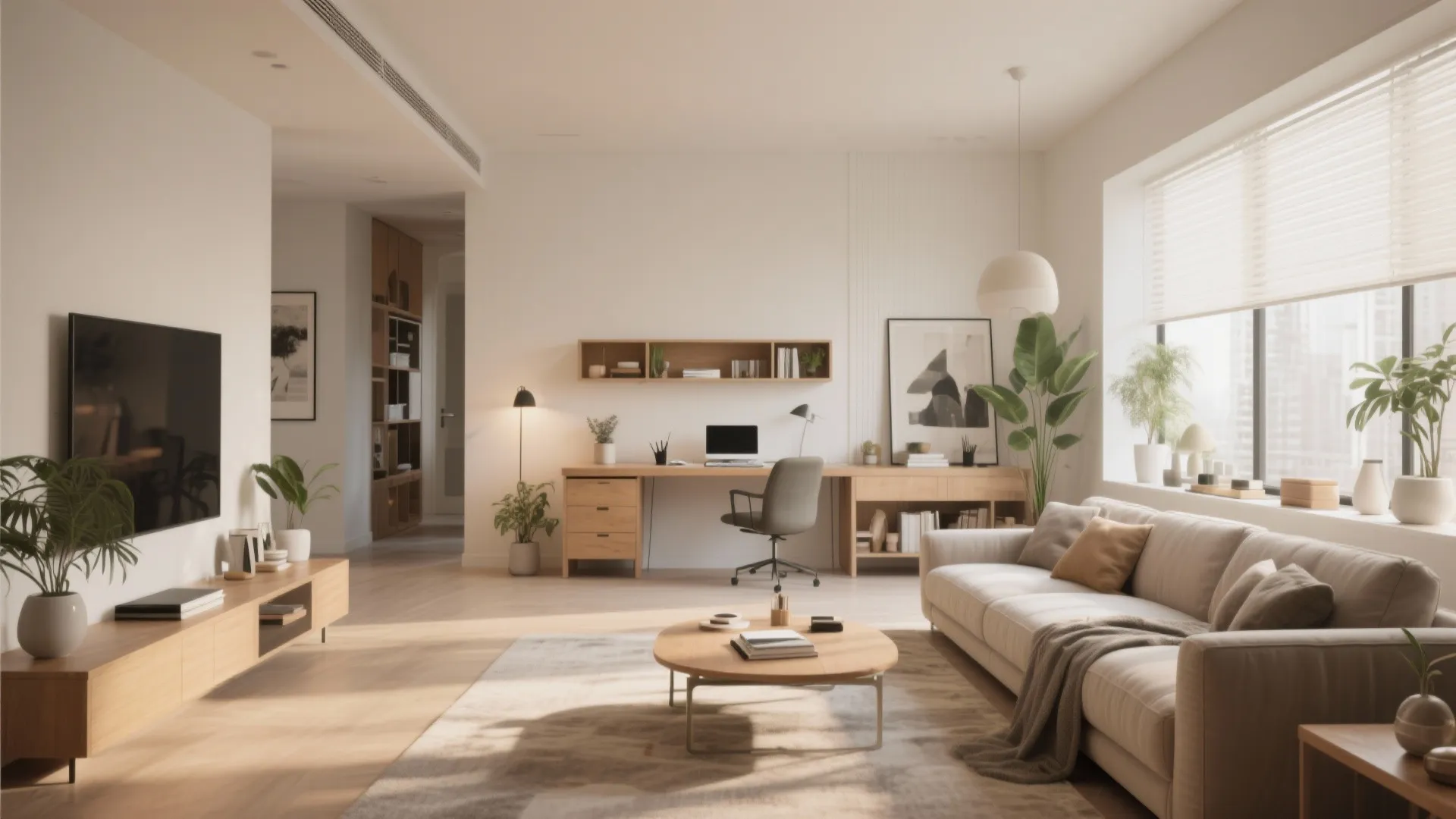 Open plan living room featuring a wooden desk workspace beige sofa television and large bright window