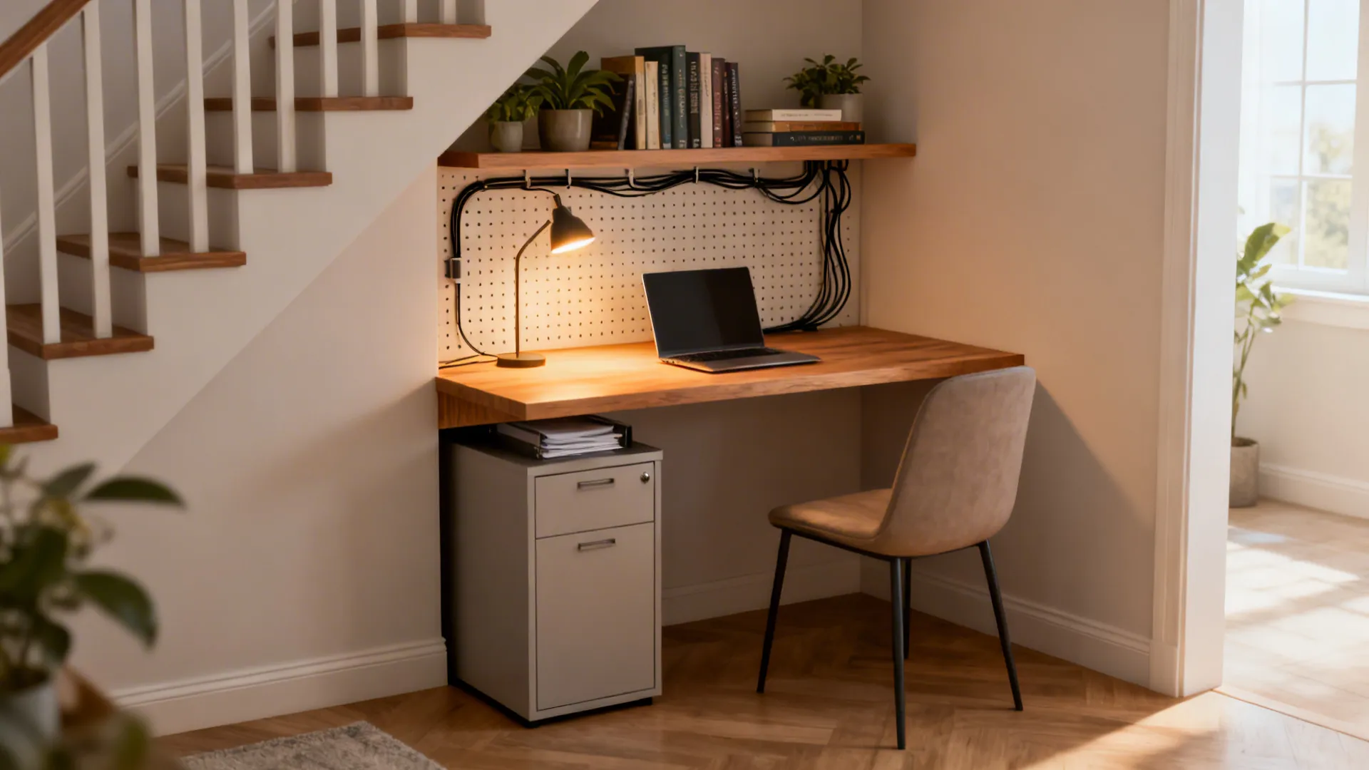 Home office desk under stairs with laptop desk lamp chair and grey metal file cabinet