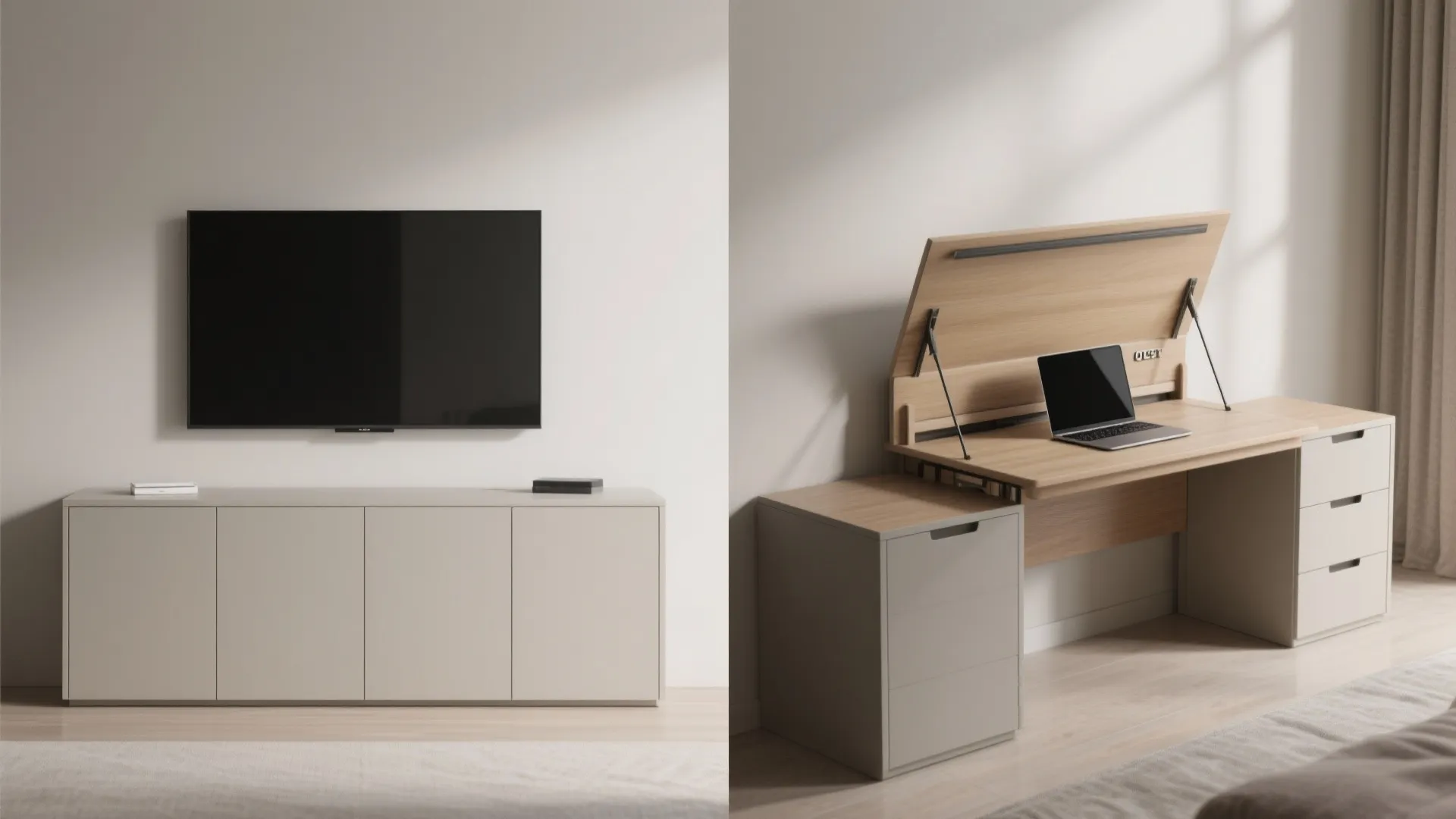 Multifunctional TV Unit With Fold-Down Desk or Bench