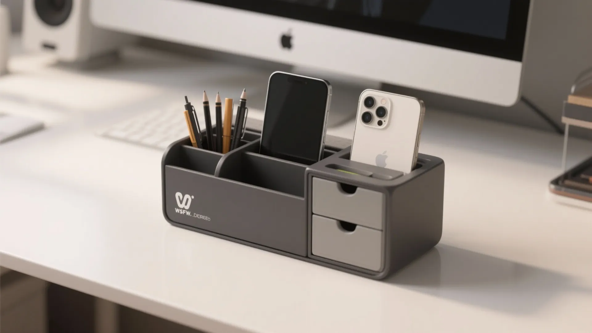 Grey desk organizer with drawers holding pencils and mobile phones on a white office desk