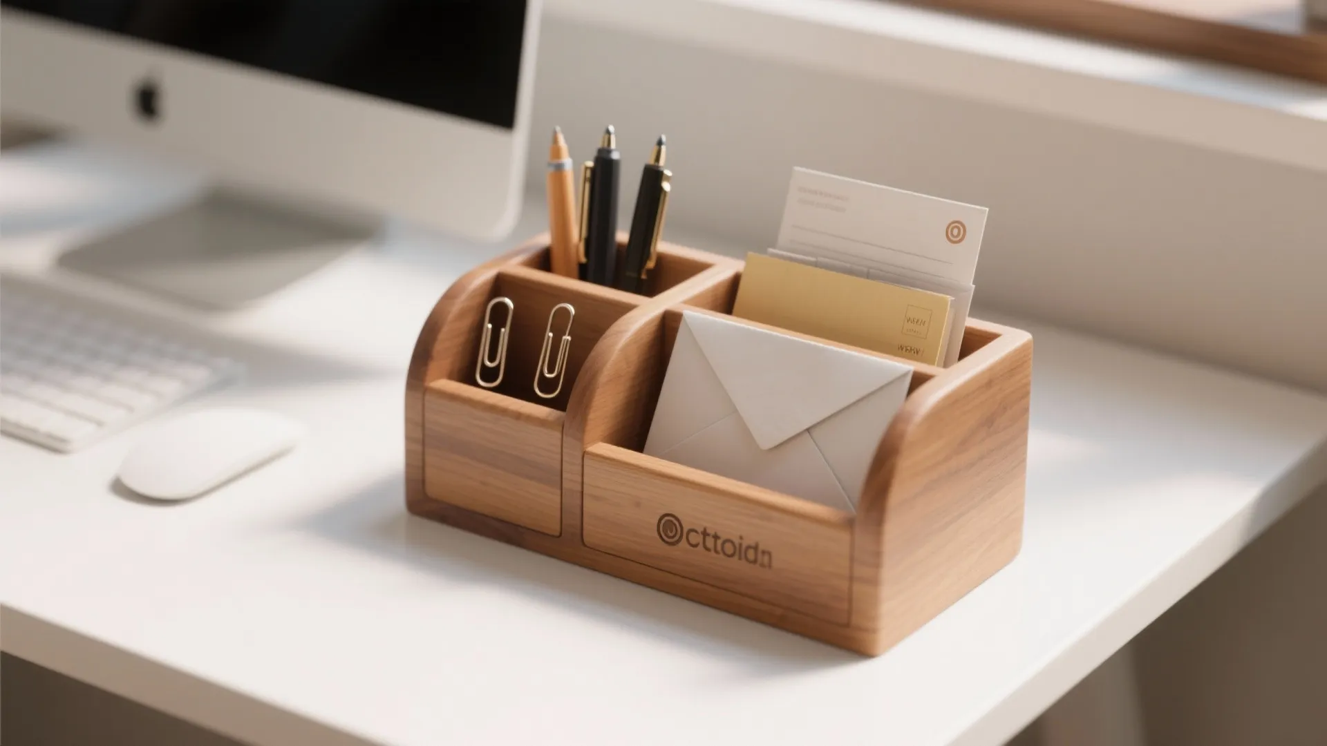 Wooden desk organizer with compartments holding pens paper clips and envelopes on a white office desk