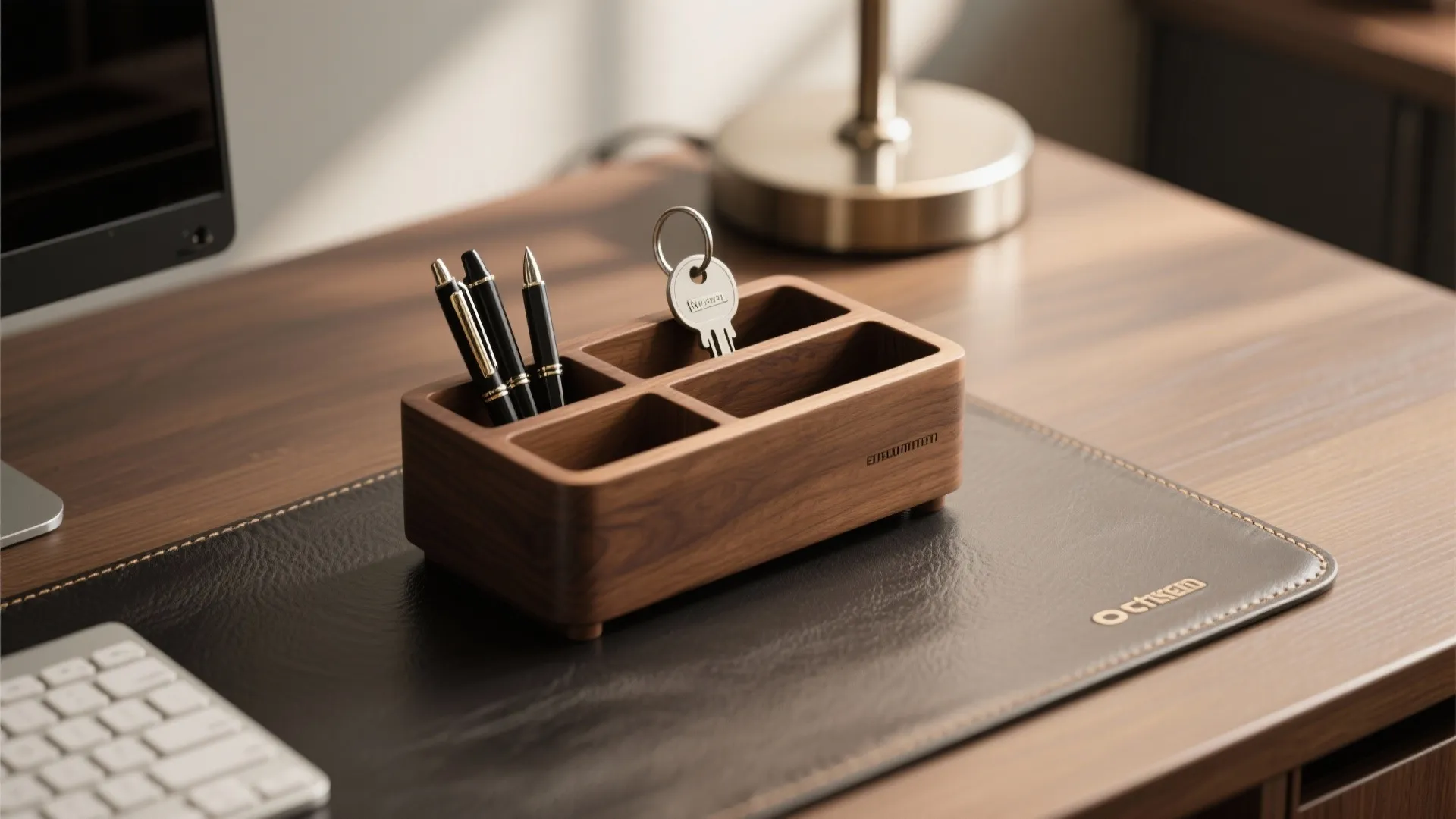 Wooden desk organizer holding pens and keys on a leather mat with a computer keyboard