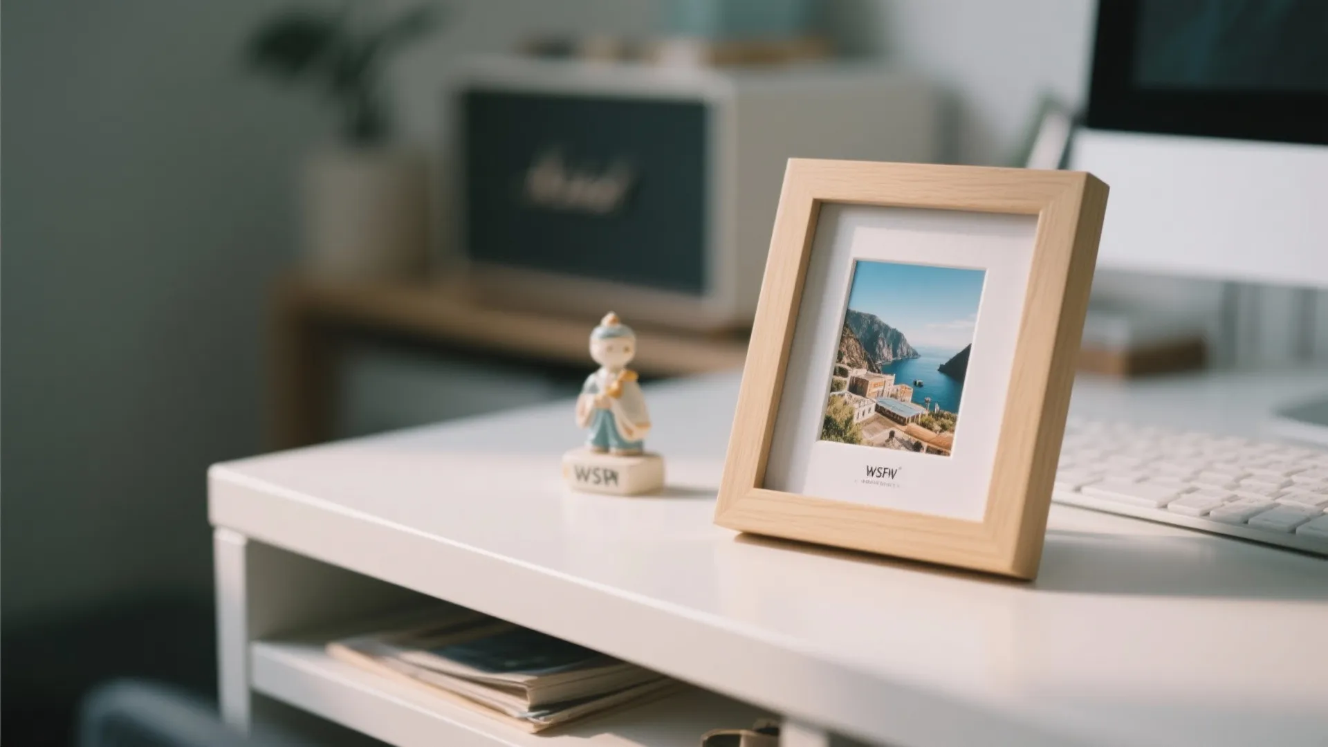 White office desk featuring a small wooden photo frame and a decorative toy figure display