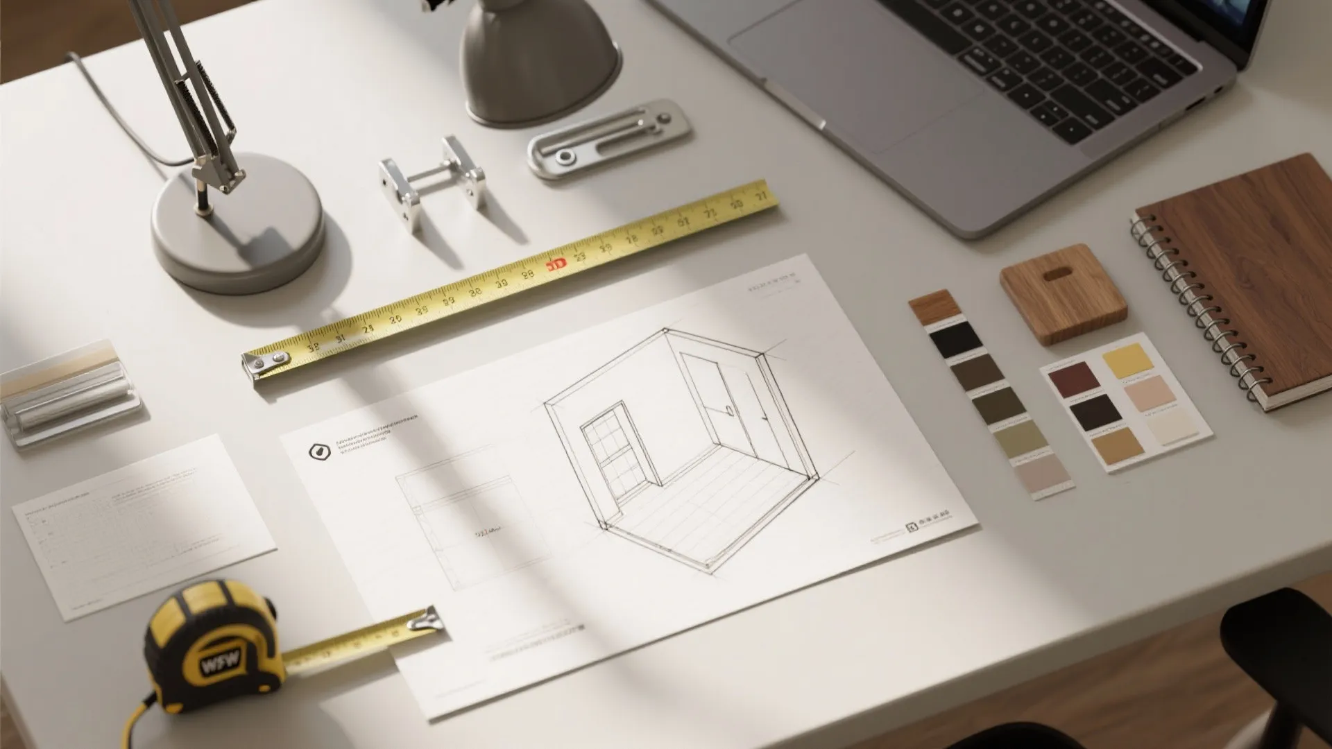 Top-down flatlay of measuring tape, layout sketch, swatches and hardware for desk planning.