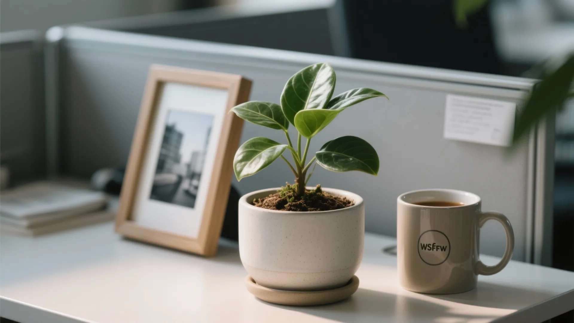 Small plant and personal items on desk