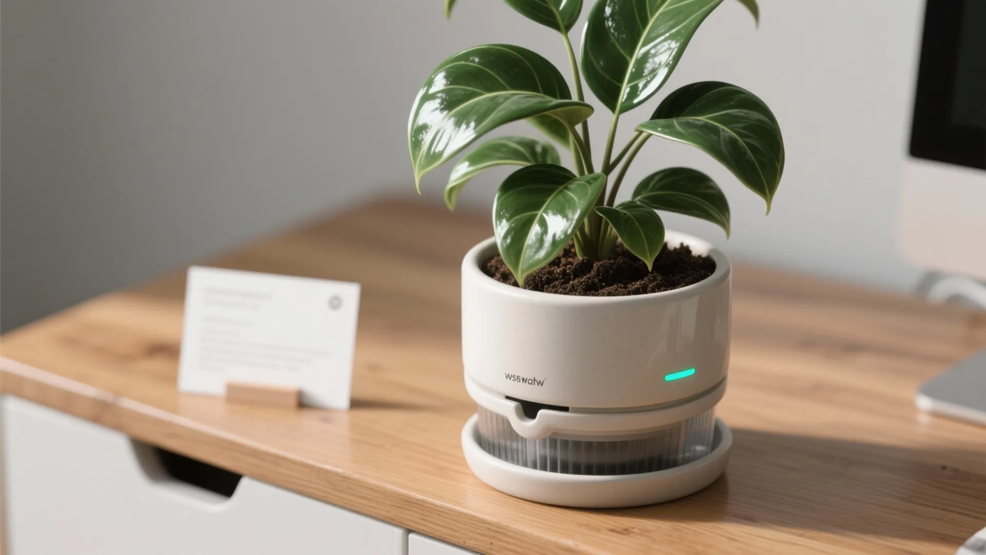 Green leafy houseplant in a white round pot sitting on a wooden desk with light