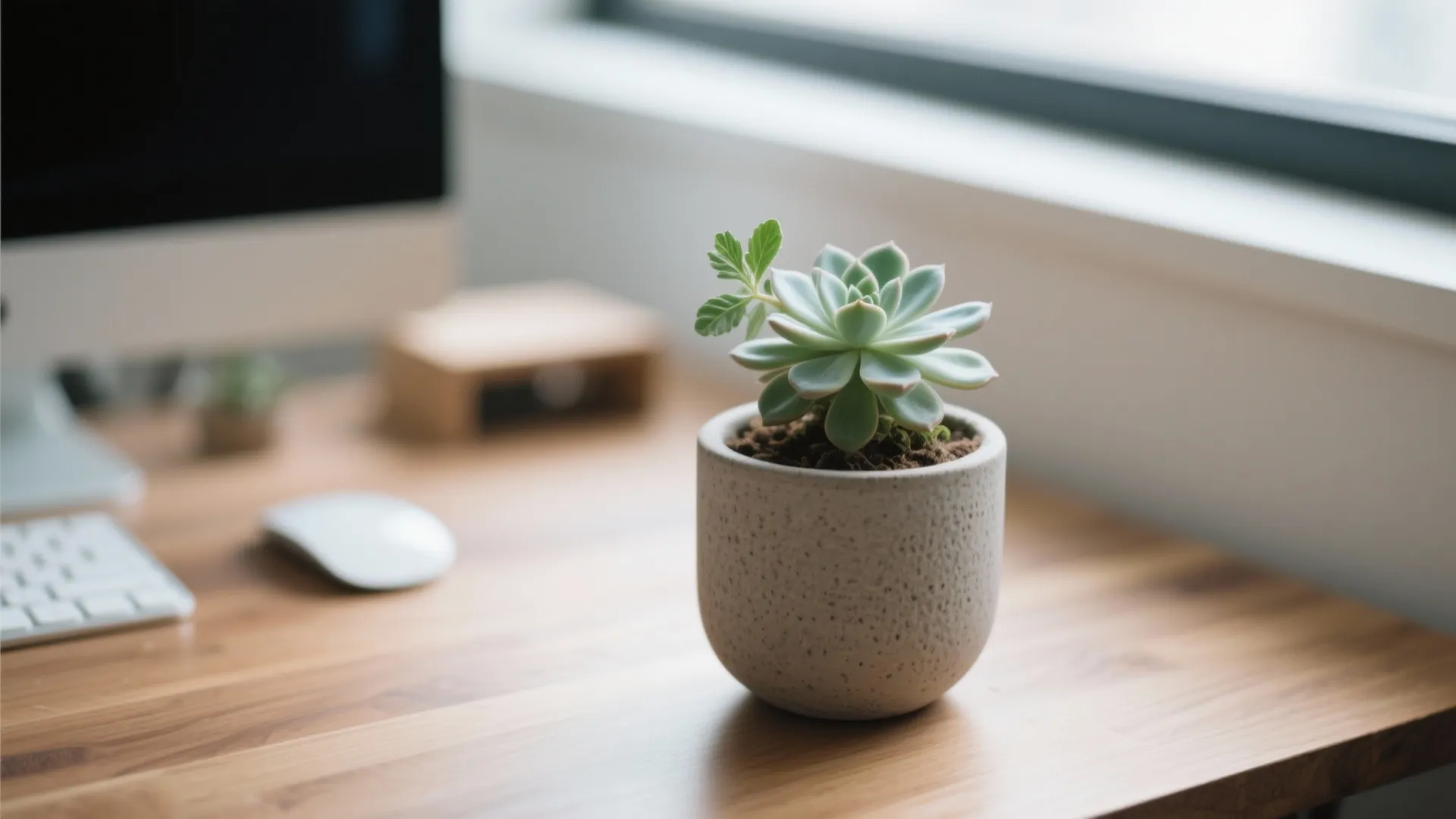 Small green plant in a round pot on a wooden desk with a computer nearby