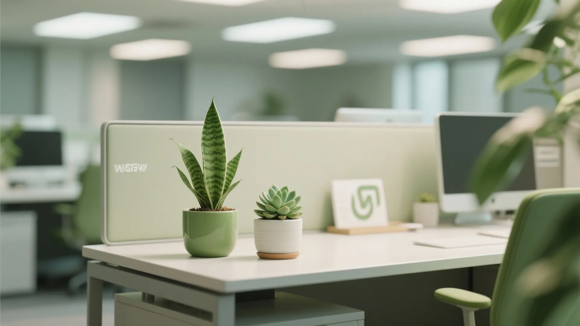 Two small green potted plants on a white desk in a modern bright office space