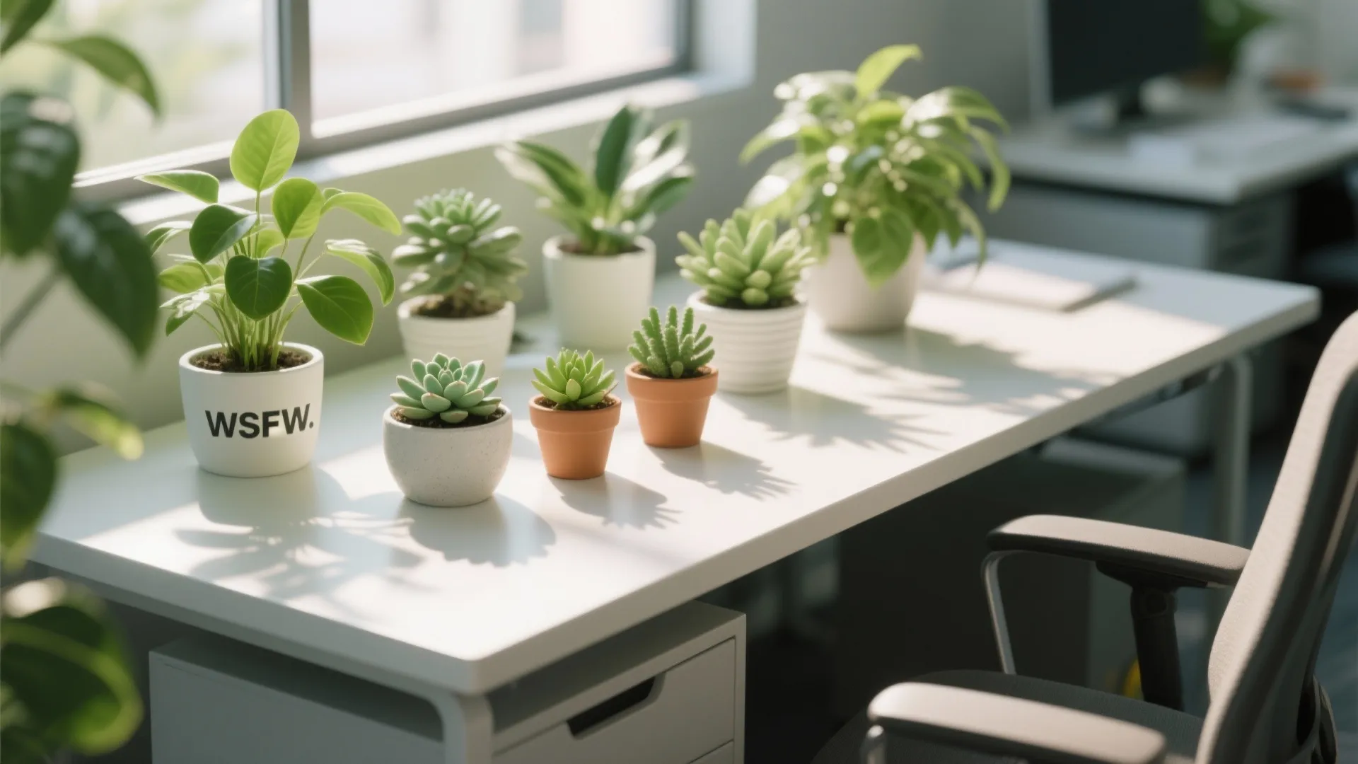 Arrangement of small succulents and leafy plants on an office desk