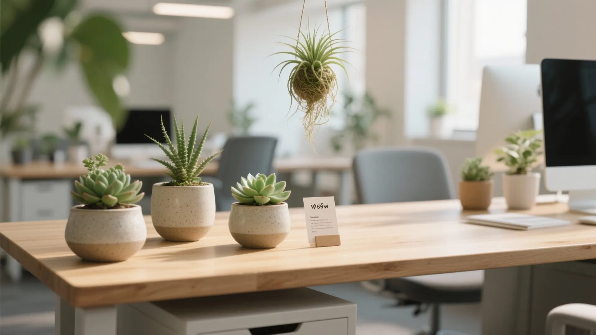 Modern office interior with small green potted plants on wooden desk and blurred white chairs background