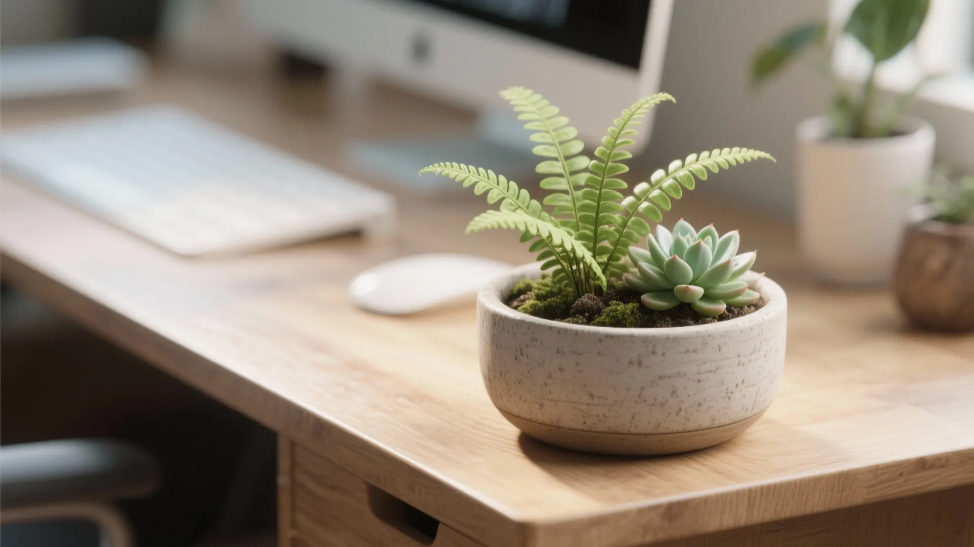 Close-up of fern and succulent on a study desk