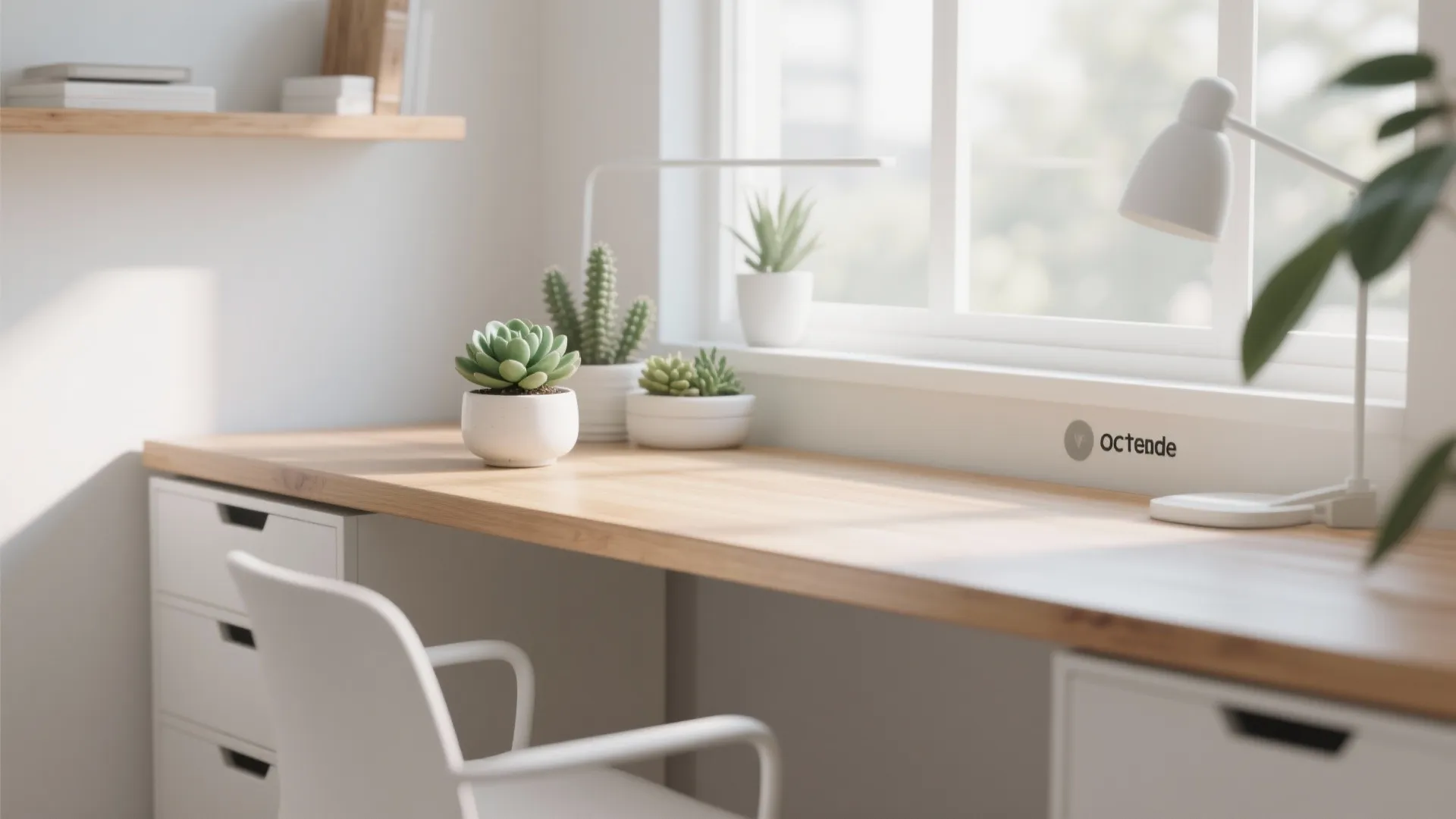 Bright minimalist workspace with wooden desk white chair potted succulents desk lamp and large window