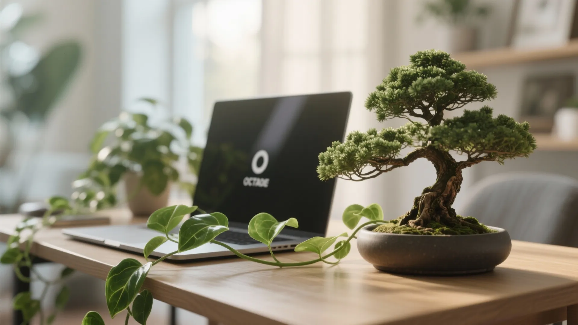 Small green bonsai tree and green plants on a wooden desk next to a laptop