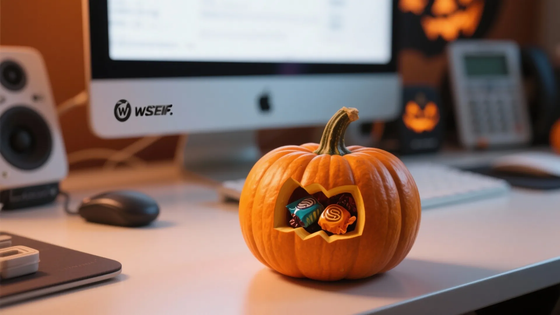 Small carved pumpkin filled with colorful candy on white office desk with computer and speakers
