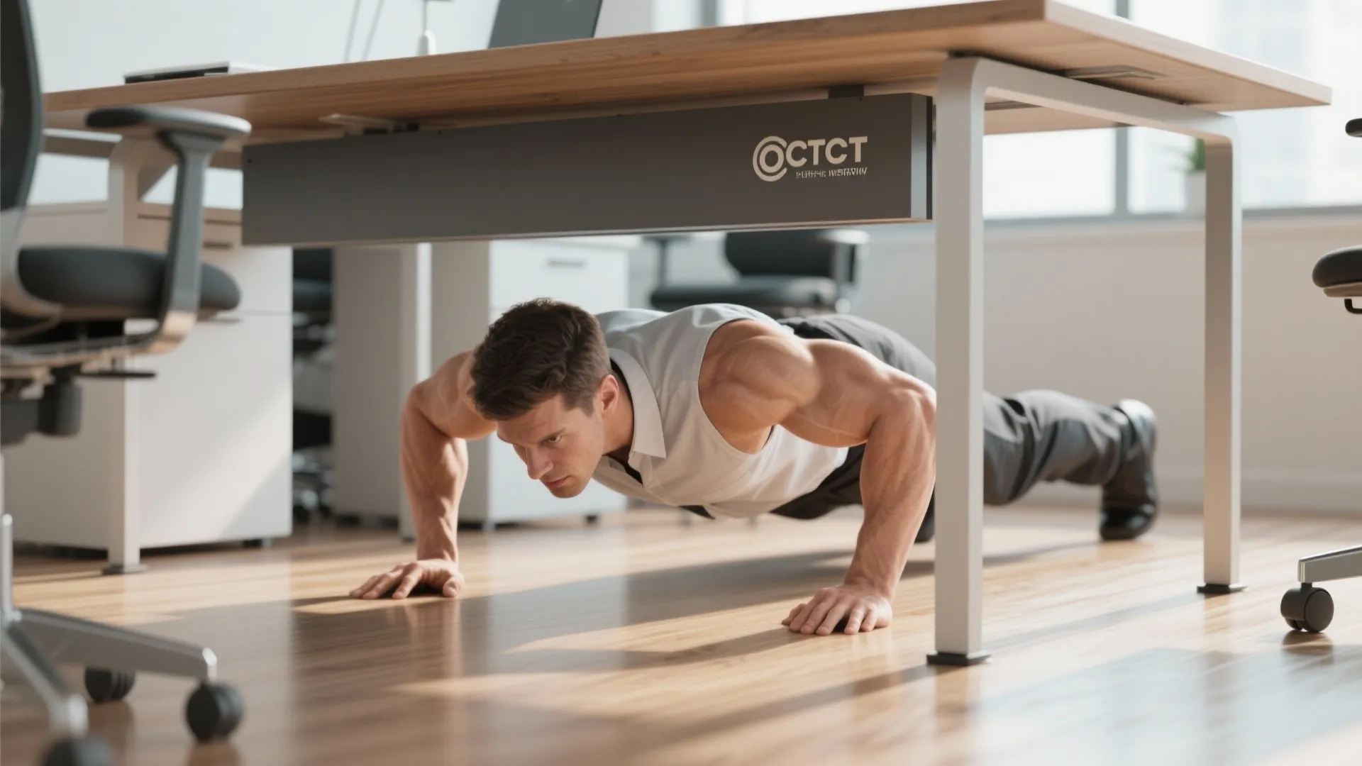 Employee doing desk push-ups in a modern workspace