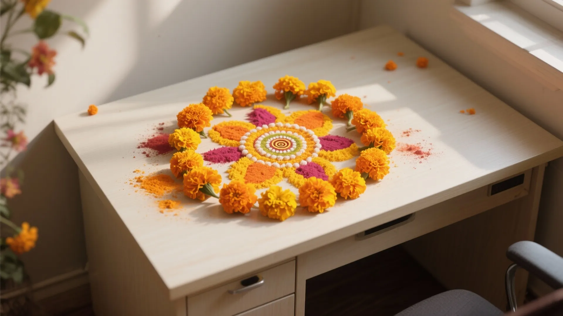 2. Desk rangoli and communal focal point