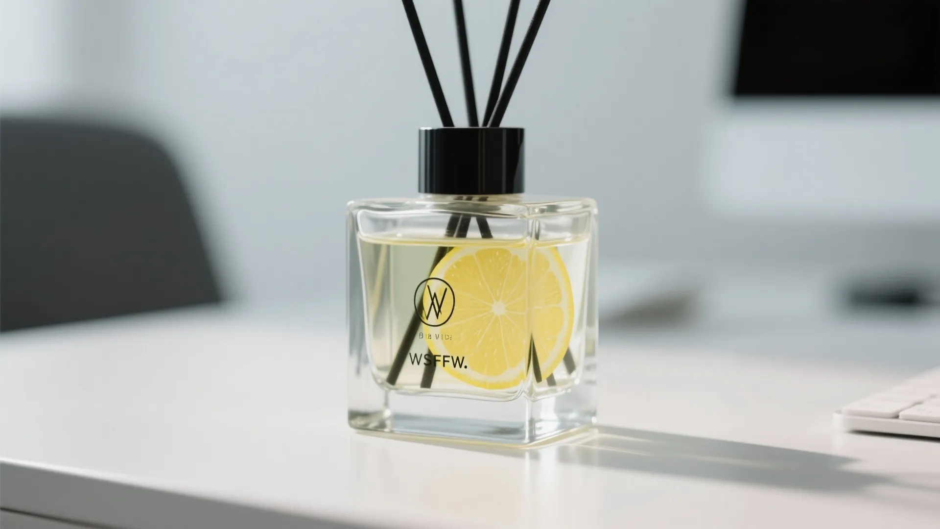 Glass bottle with lemon slice and black sticks on a white desk in bright office