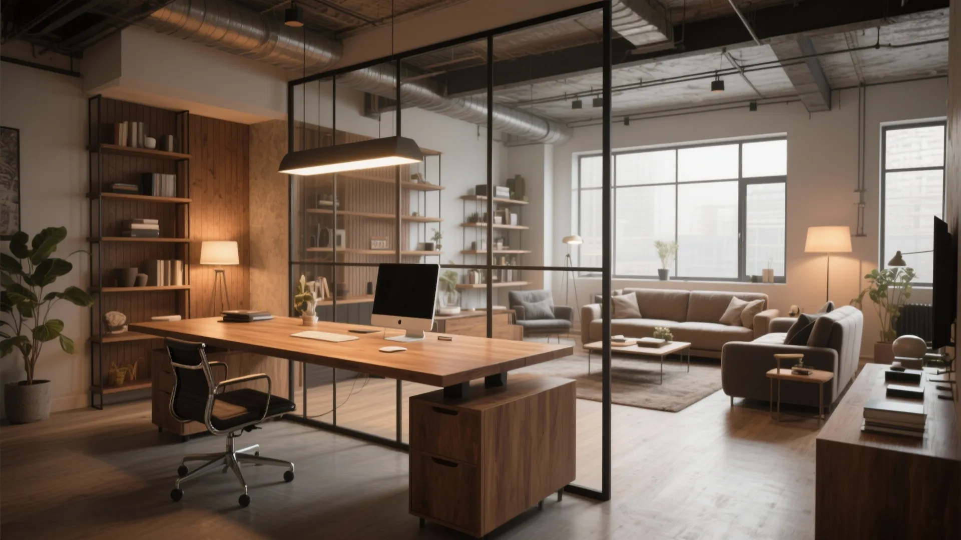 Wide desk with shelving used as a room divider in loft