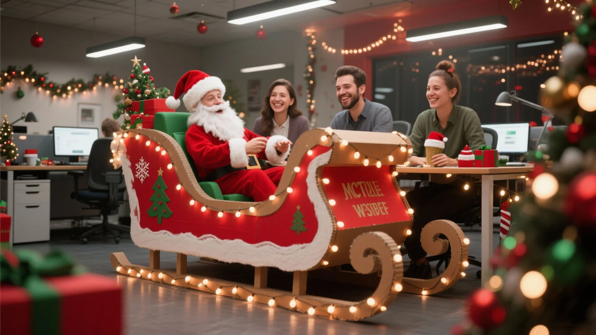 Santa Claus sitting in a cardboard sleigh inside an office with smiling colleagues and decorations