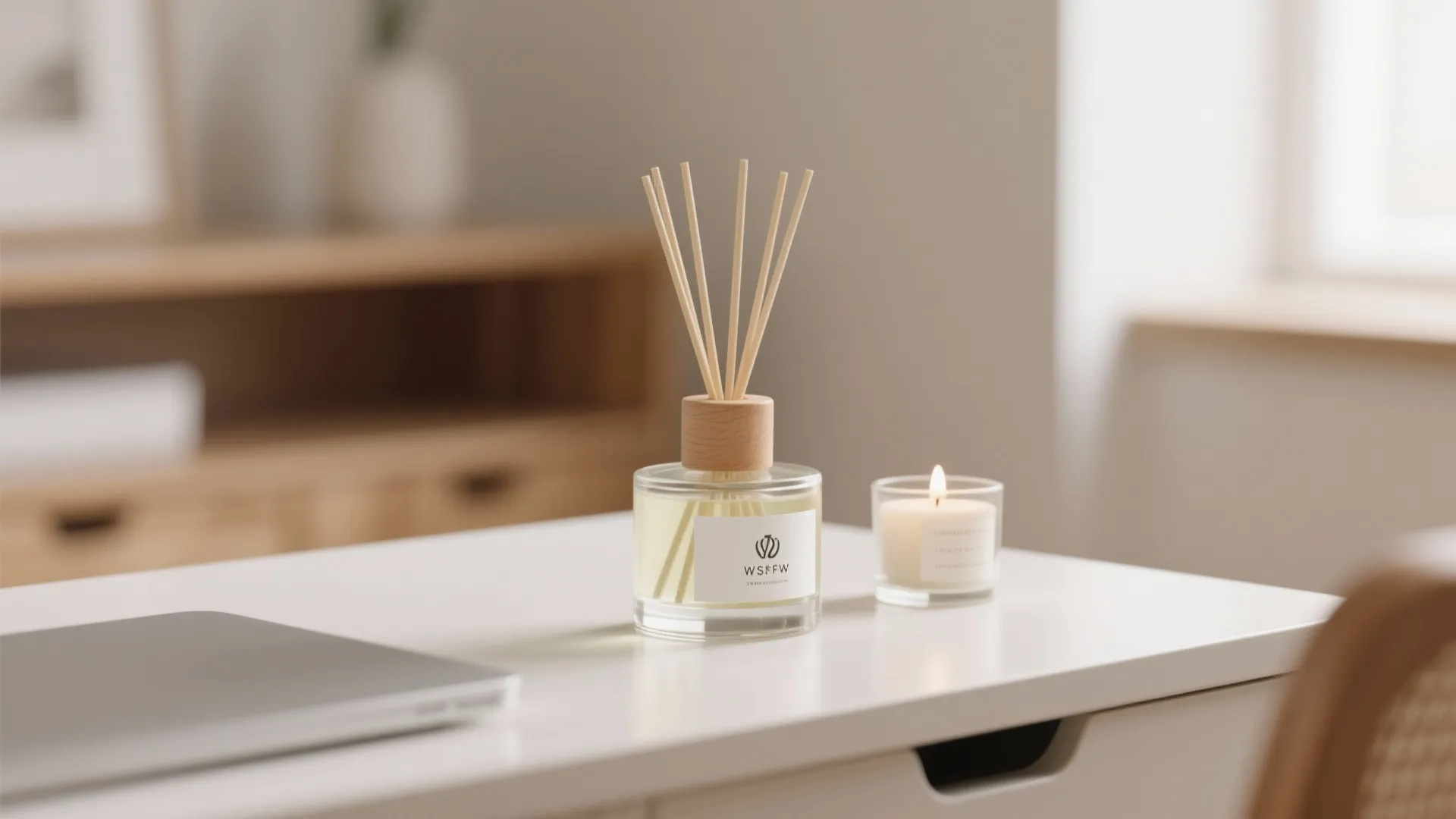 Clear glass reed diffuser and small white candle sitting on a desk beside a laptop