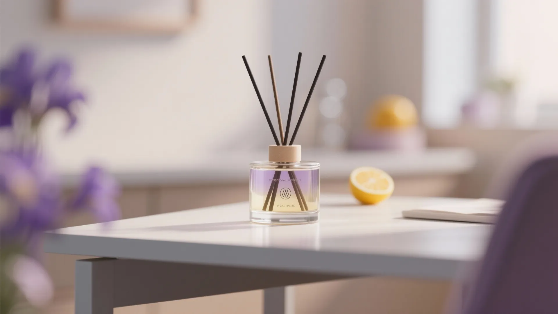 Glass bottle scent diffuser with wooden sticks on a white table with purple flowers nearby