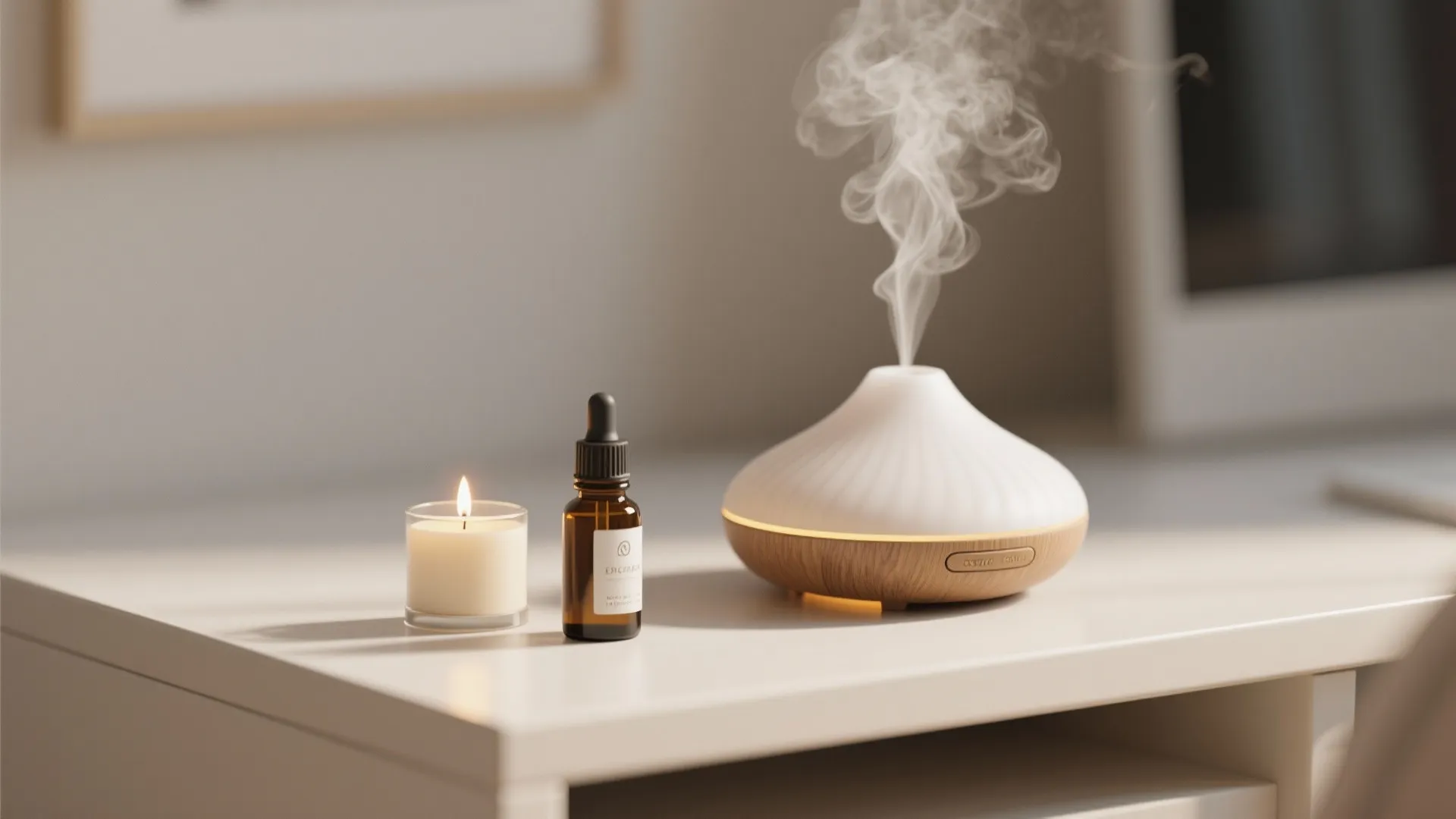 Modern white desk surface holding a wood base oil diffuser with steam and scented candle