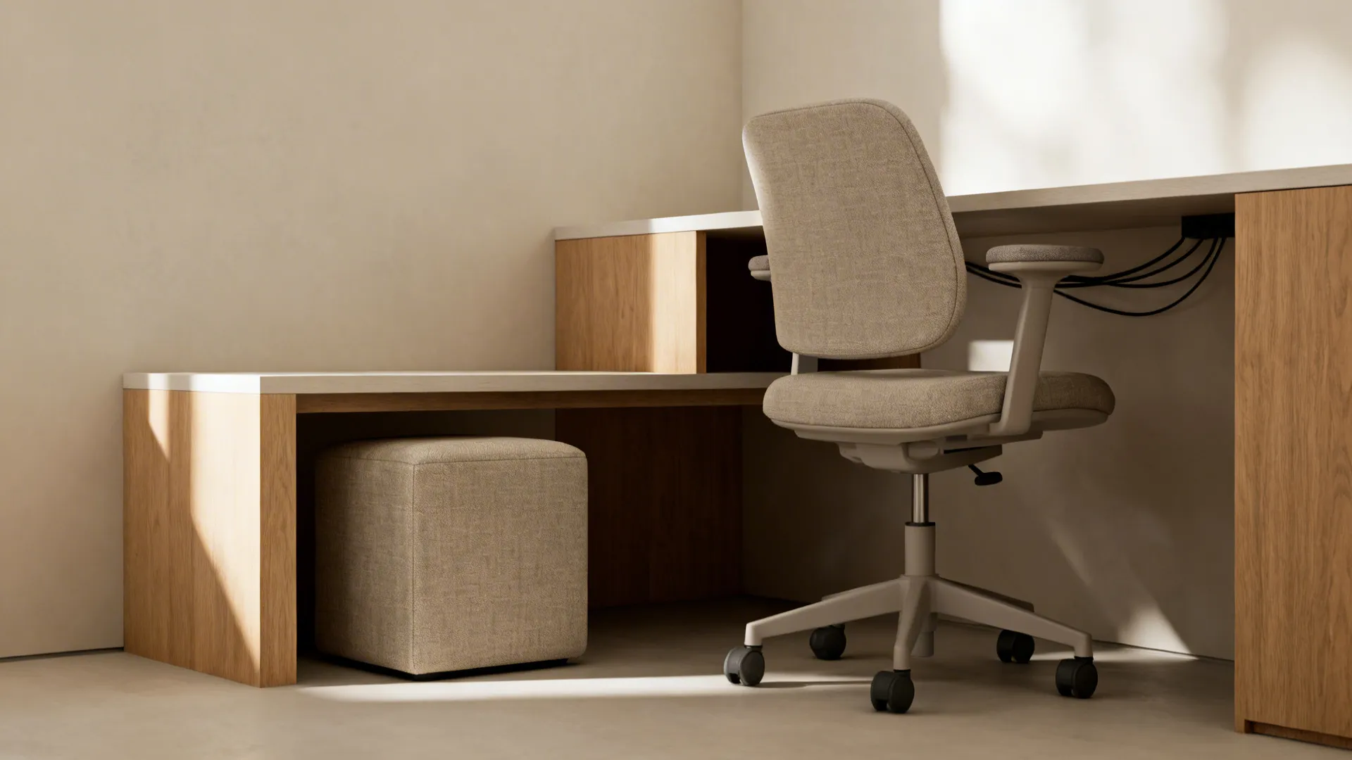 Armless stool and compact ergonomic chair near small living-room desks