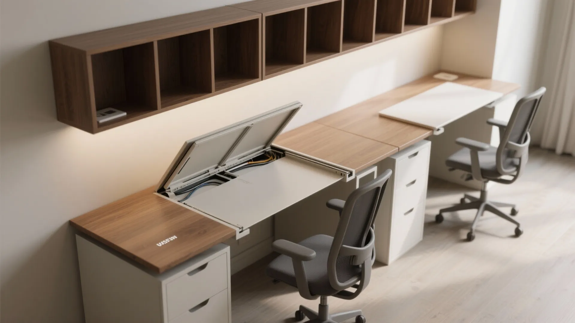 Two office desks with chairs and wall cabinets showing a flip up panel for wires