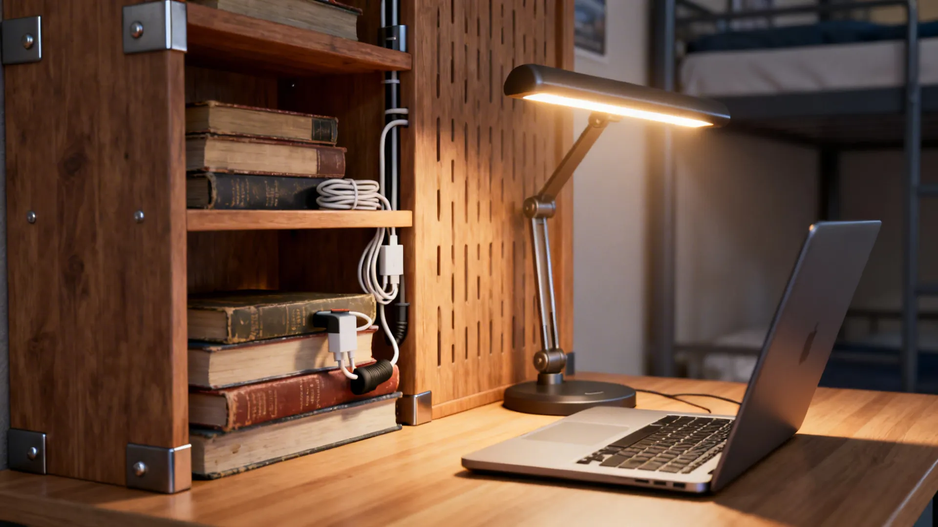 Close-up of a multipurpose desk with vertical shelves and cable management in a dorm setting.