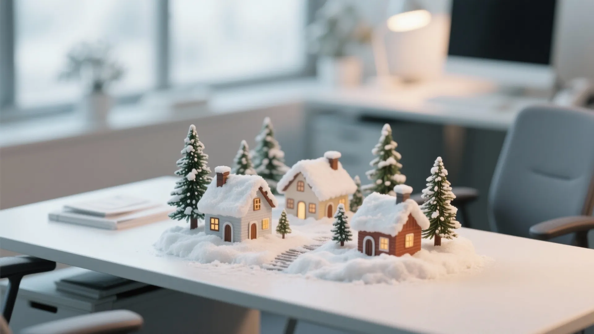 Miniature snow covered houses and pine trees decoration placed on a white modern office desk