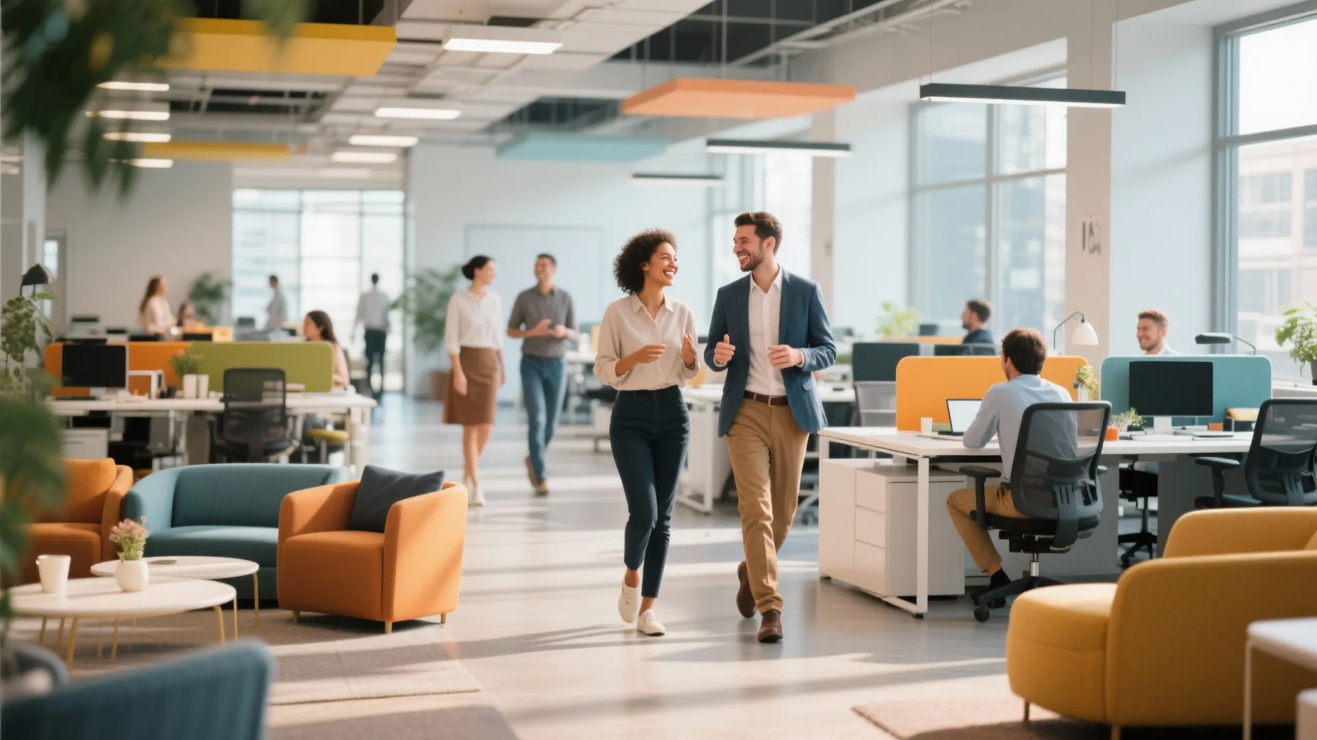 Two colleagues walking and talking through open plan office with desks chairs and yellow sofas