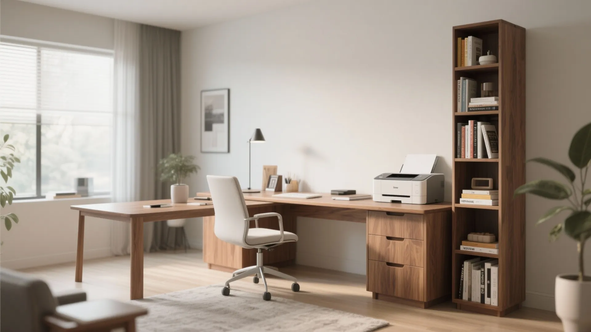 Modern home office with large wooden desk, white swivel chair, tall bookcase, and a printer