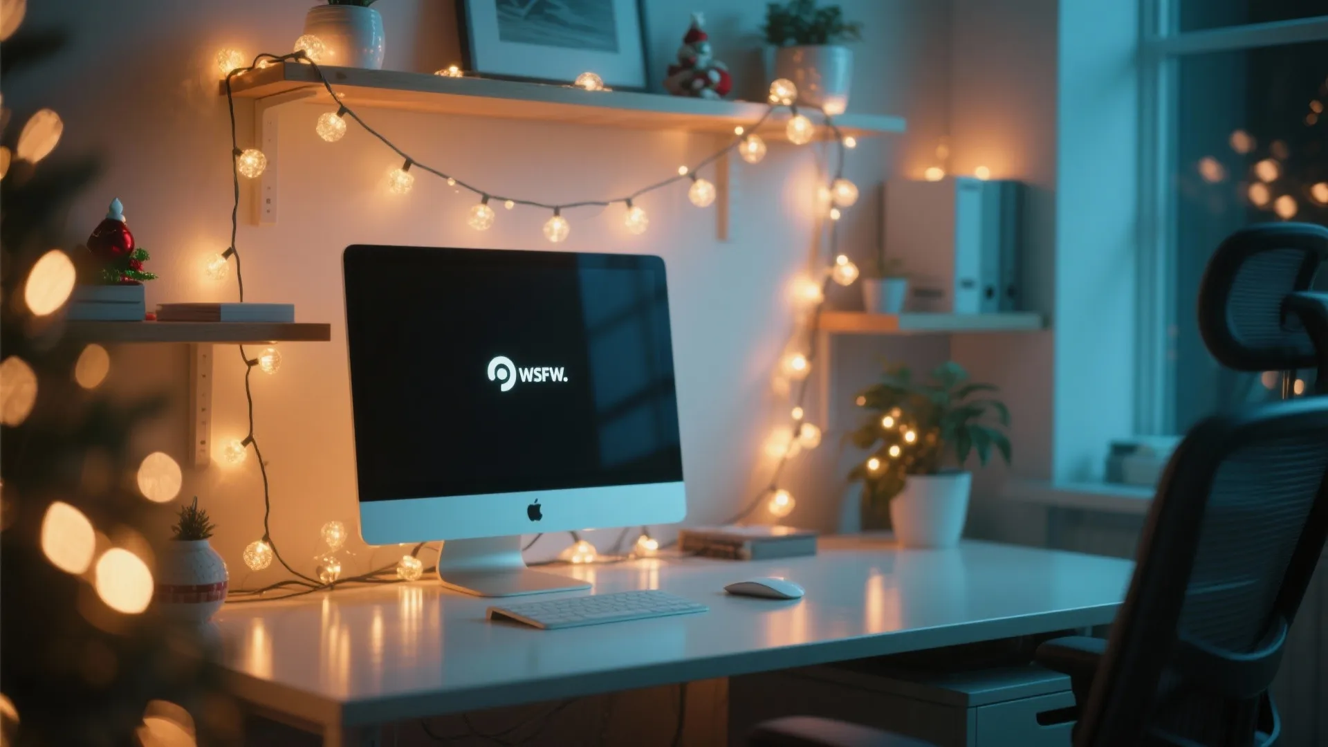 Home office setup with computer monitor, warm string lights, small plants, and cozy winter atmosphere
