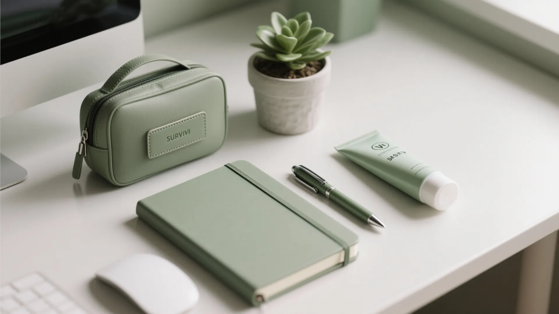 Green desk accessories including small bag, notebook, pen, cream tube, and plant on white table