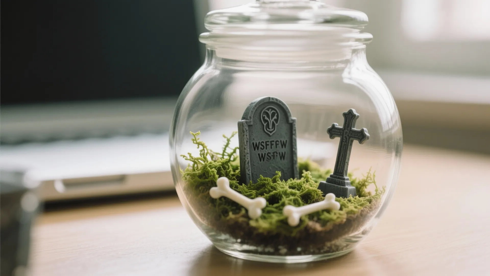Glass jar on a desk containing a mini cemetery with moss bone and stone cross
