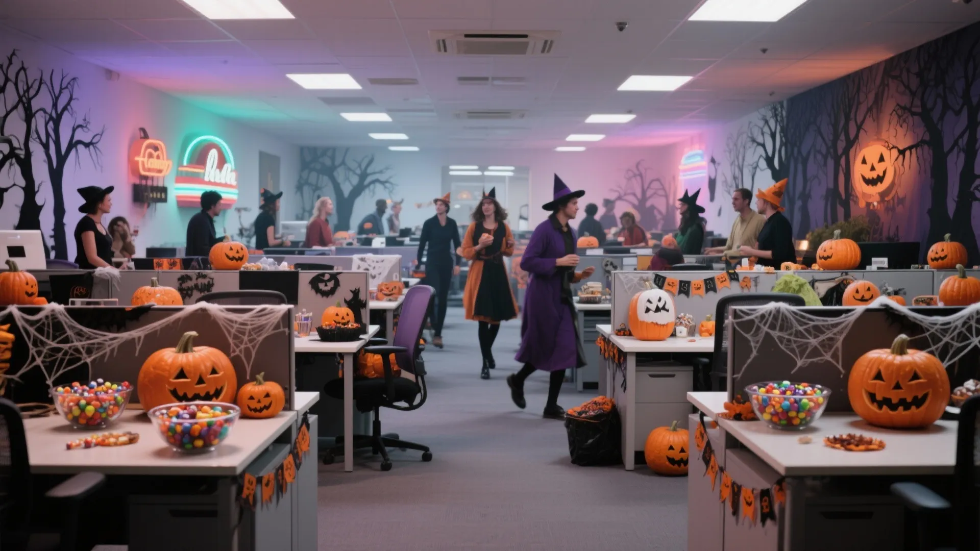 Office decorated with pumpkins and cobwebs for Halloween while employees in costumes walk through cubicles