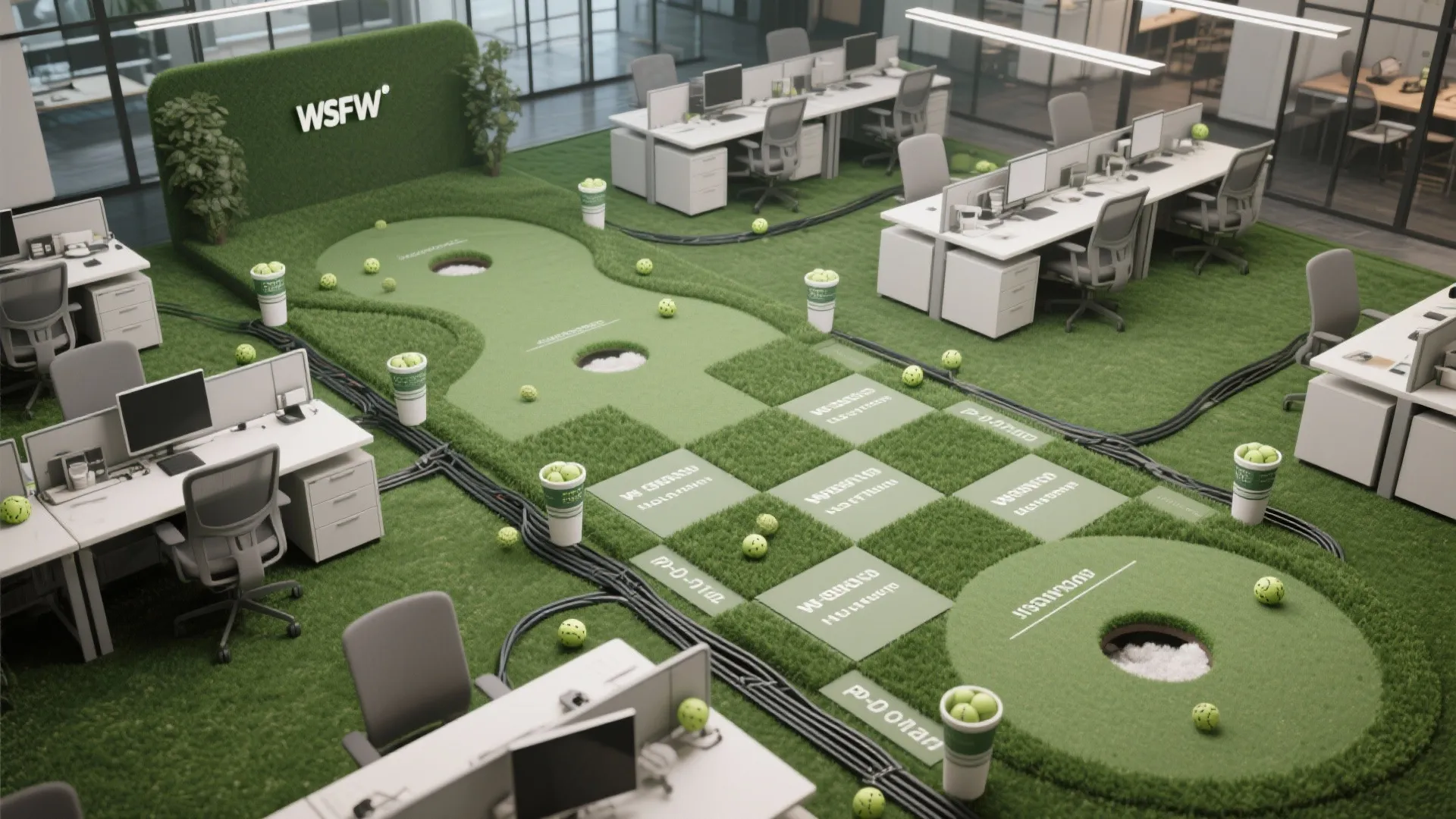 Modern office interior with white desks and green artificial grass flooring featuring mini golf holes