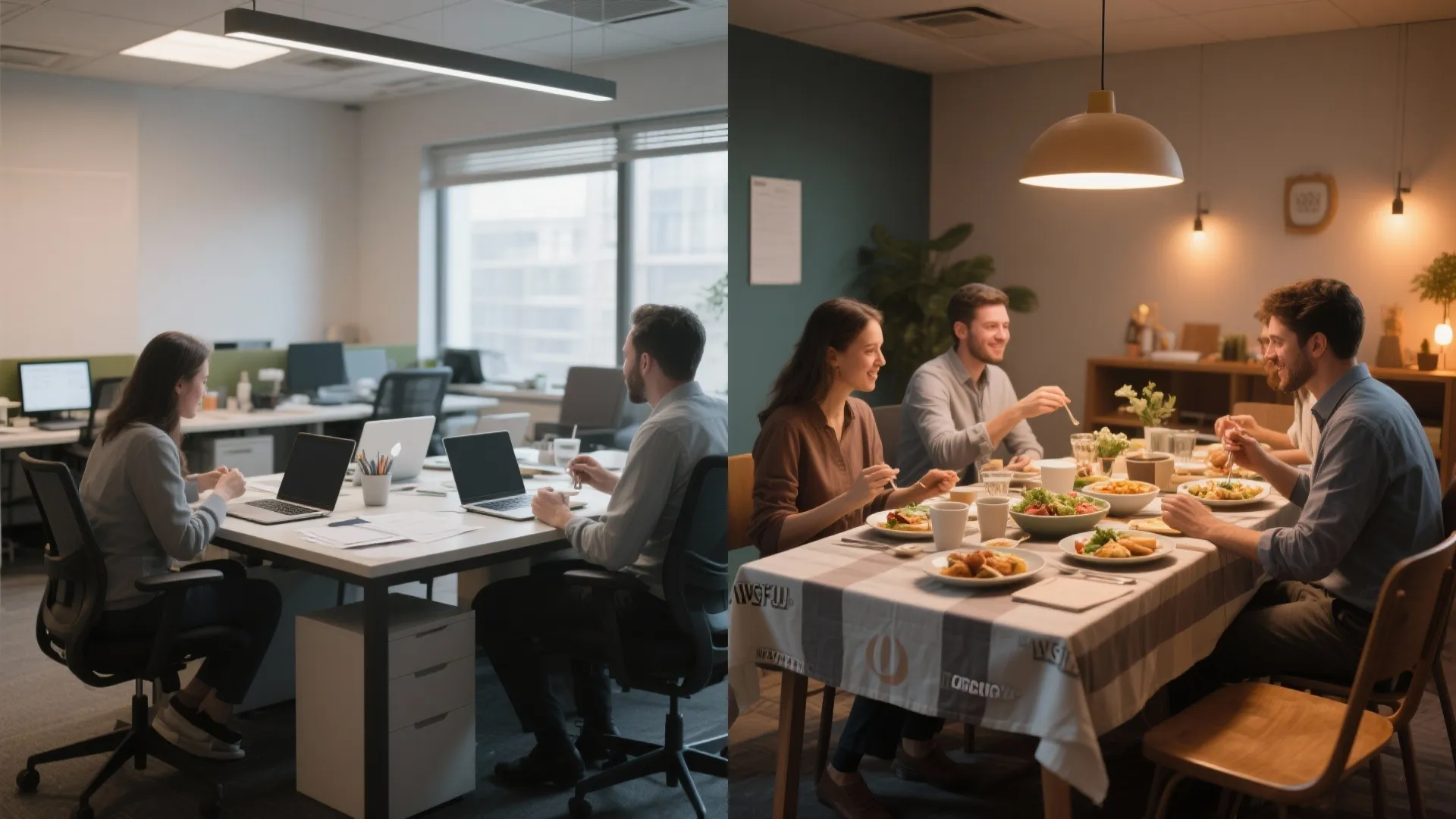 Split view showing people working in office and friends dining together at home dining table
