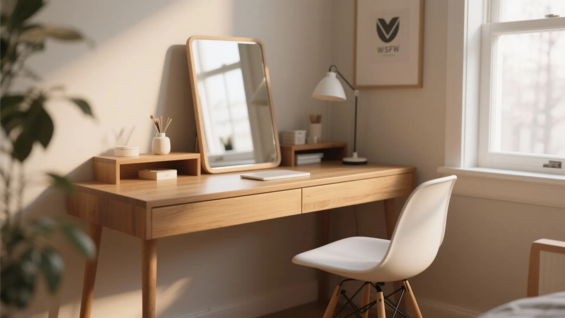 Wooden desk used as vanity with large mirror white chair desk lamp and natural light